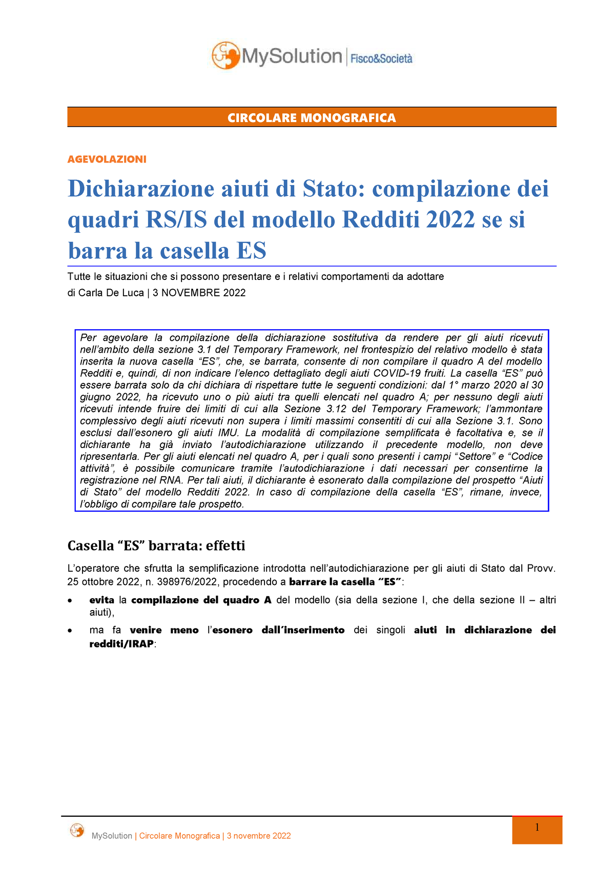 Aiuti DI Stato Quadro RS IS CIRCOLARE MONOGRAFICA AGEVOLAZIONI