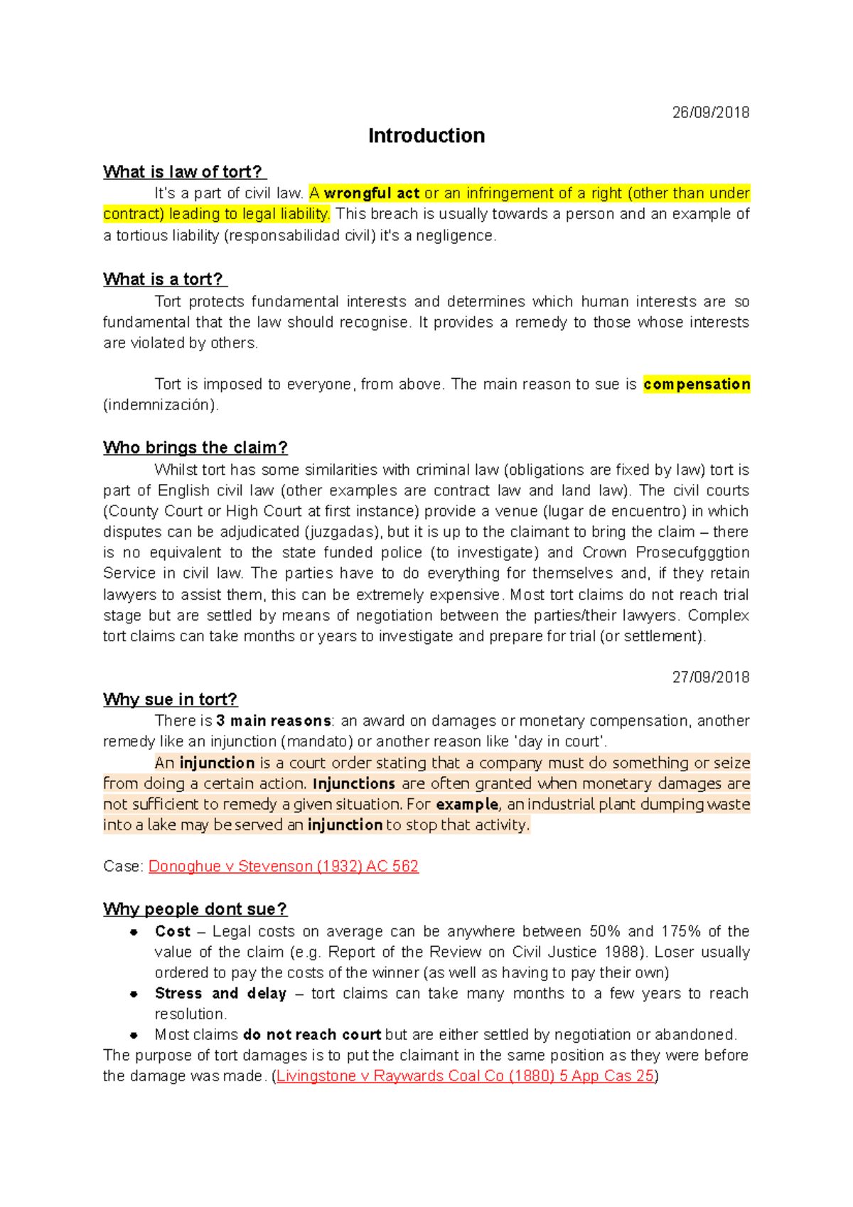 1. Intro Law Of Tort - 26/09/ Introduction What Is Law Of Tort? It’s A ...