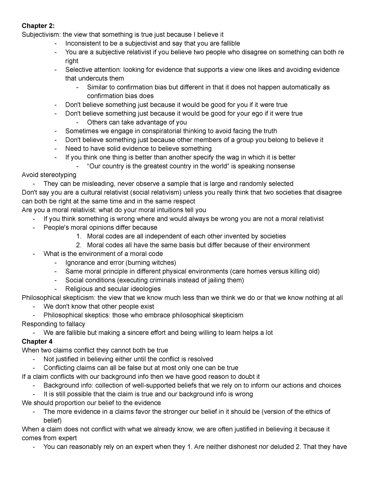 Phil 140 Final Review Notes Ch. 2,4,9 - Chapter 2: Subjectivism: the ...