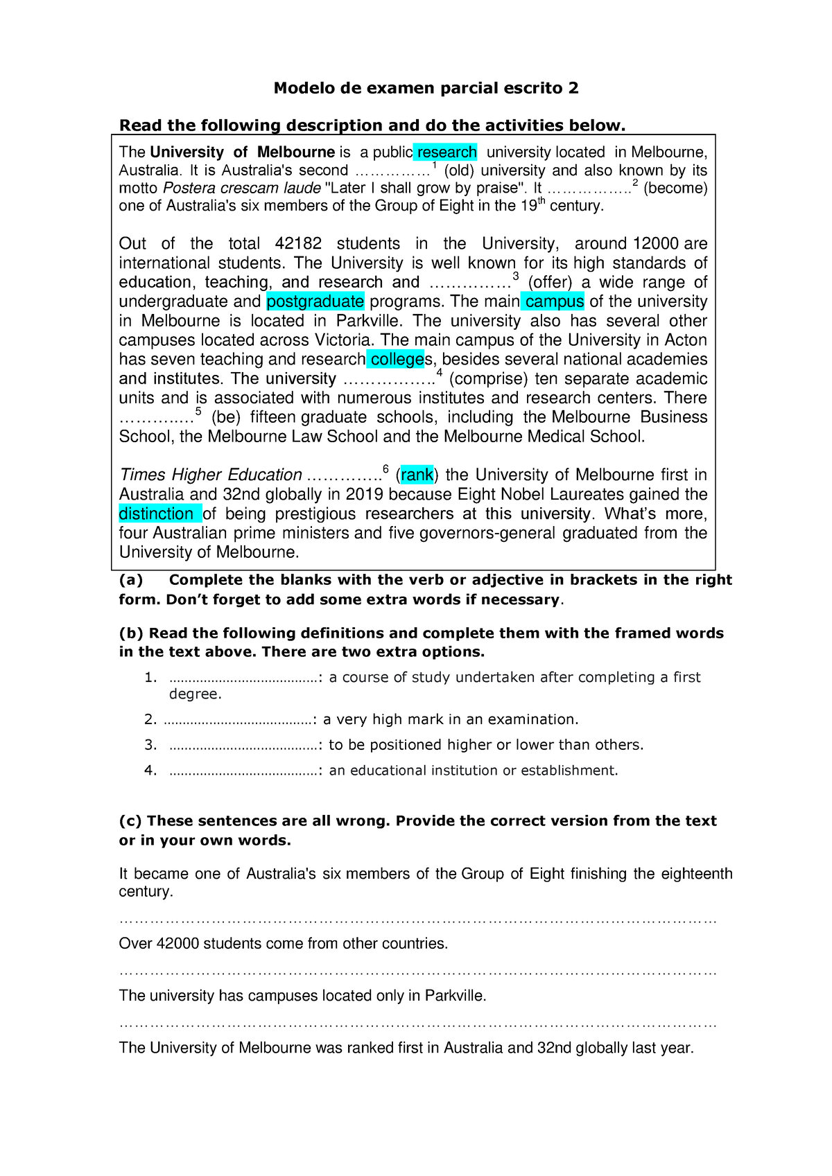 Modelo De Primer Parcial Ingles 1 - Modelo De Examen Parcial Escrito 2 ...