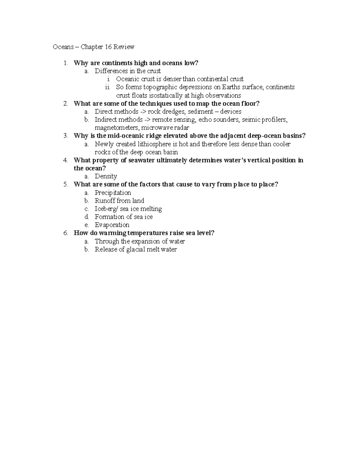 Oceans - Chapter 16 review - Why are continents high and oceans low? a ...