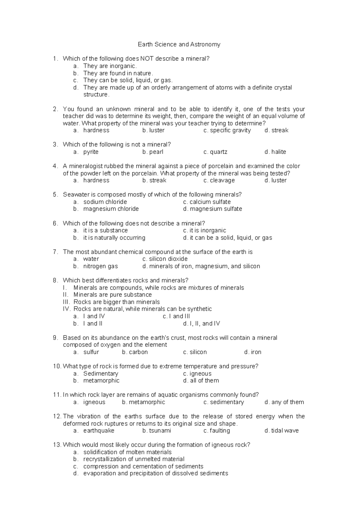 Earth Science Test - Earth Science and Astronomy Which of the following ...