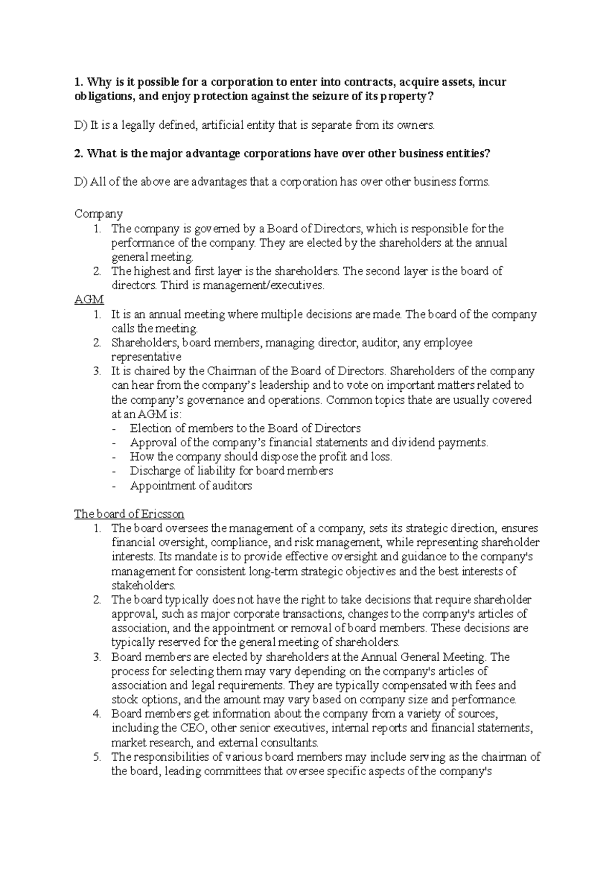 MCQ1 - Why is it possible for a corporation to enter into contracts ...