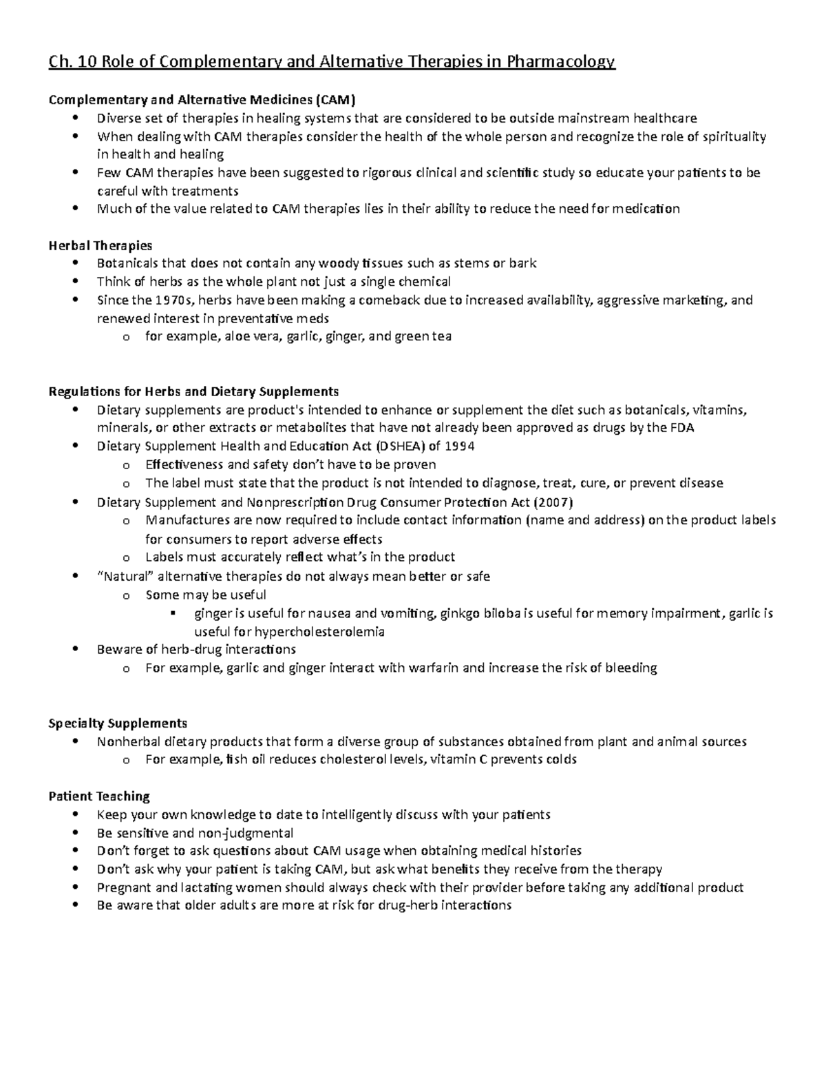 Pharm study guide week 9 - Ch. 10 Role of Complementary and Alternative ...