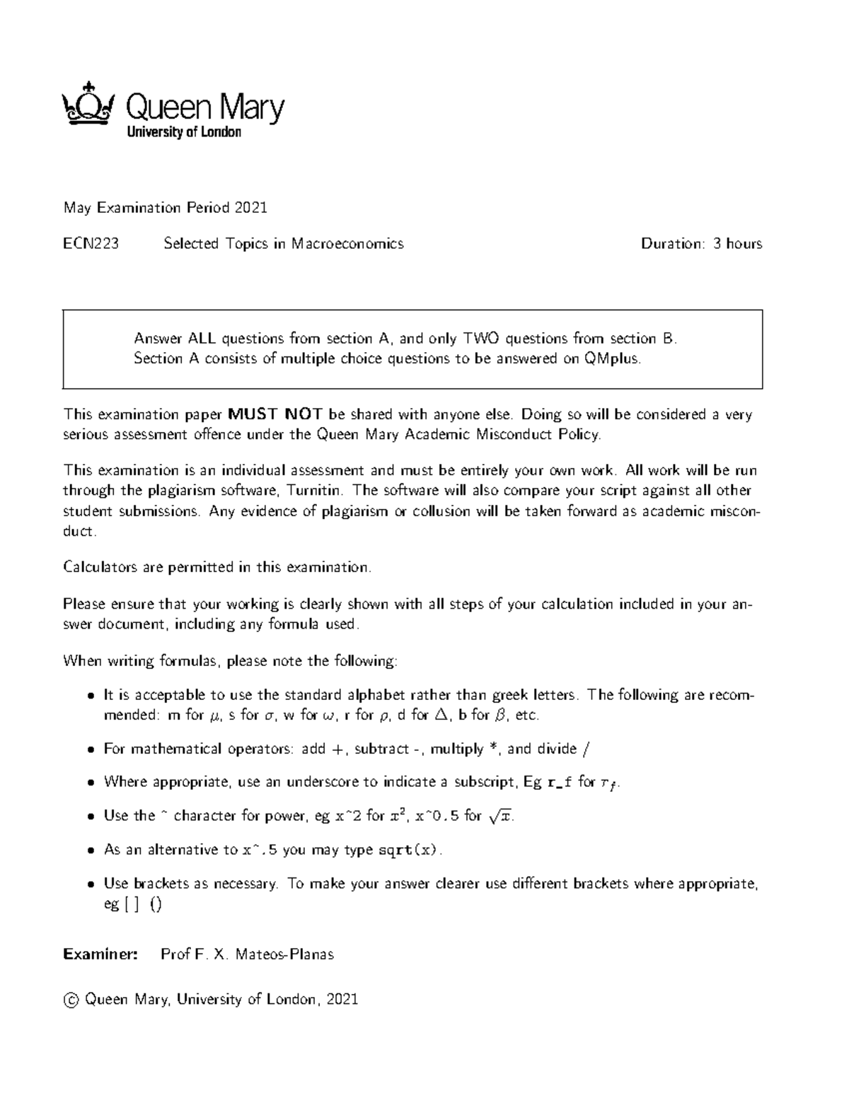 ECN223 - Exam - May Examination Period 2021 ECN223 Selected Topics In ...