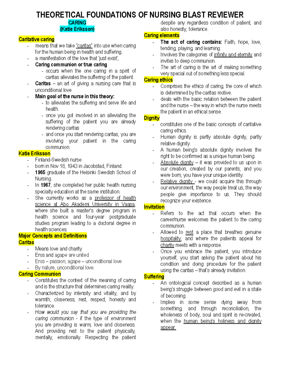 Theoretical Foundations OF Nursing (TFN) Reviewer PART 1 - CARING ...