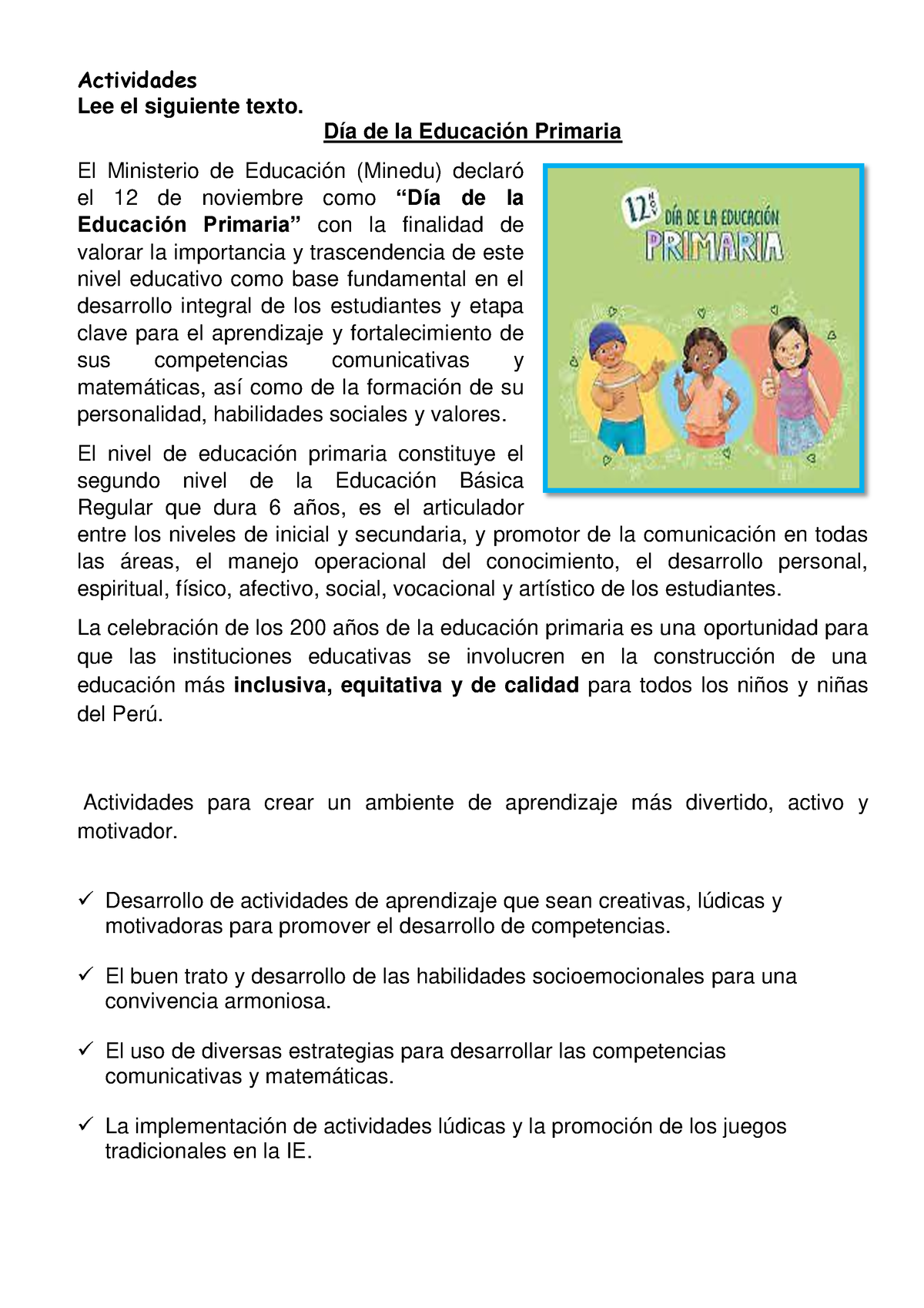 Ficha Ps DÍa De La Educación Primaria Actividades Lee El Siguiente Texto Día De La Educación 3623