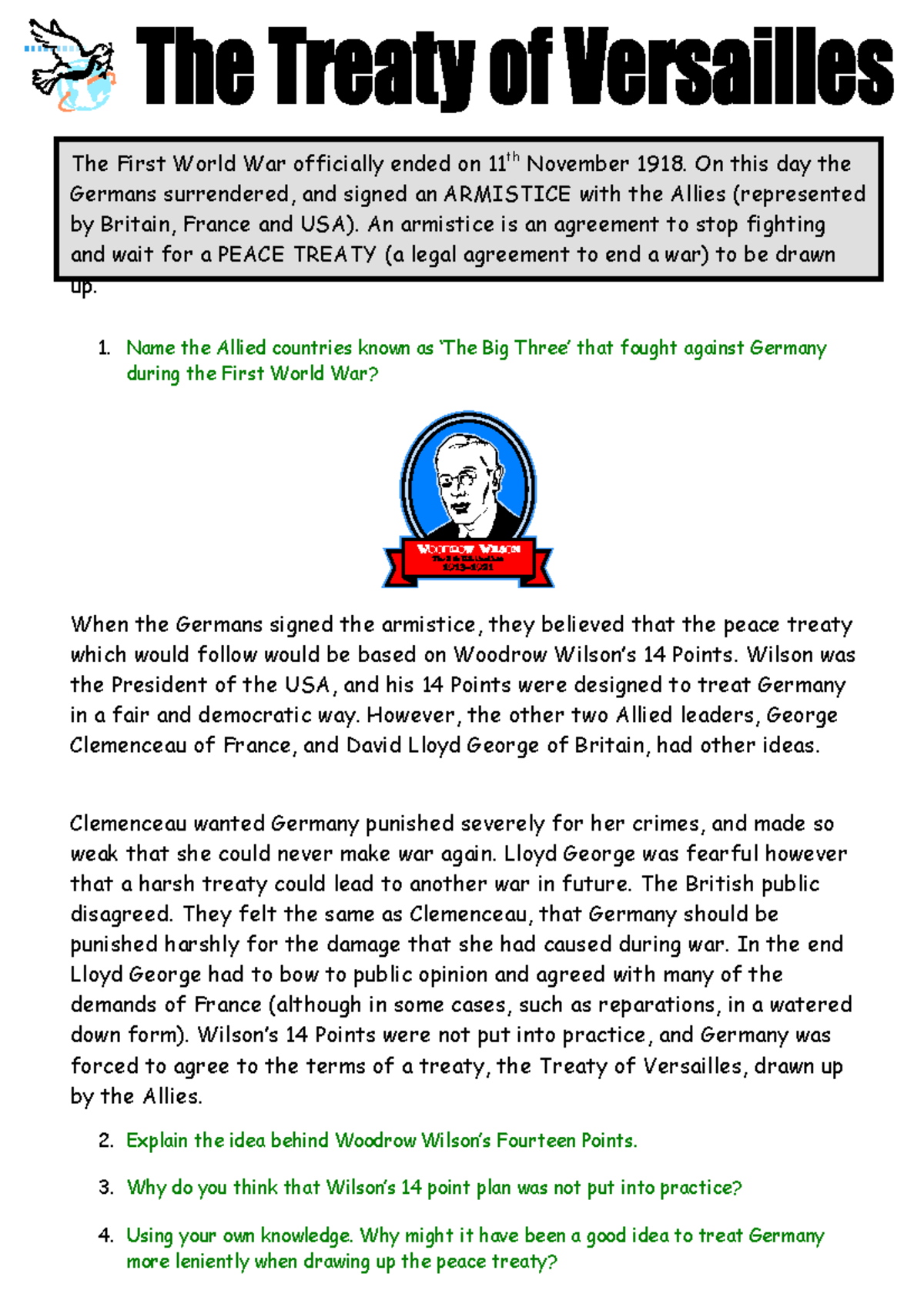 Treaty Of Versailles Worksheet - The First World War Officially Ended ...