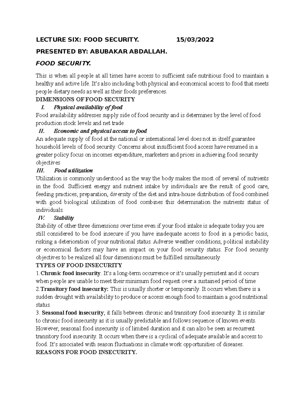 LECTURE SIX: FOOD SECURITY. 15/03/2022 PRESENTED BY: ABUBAKAR ABDALLAH ...