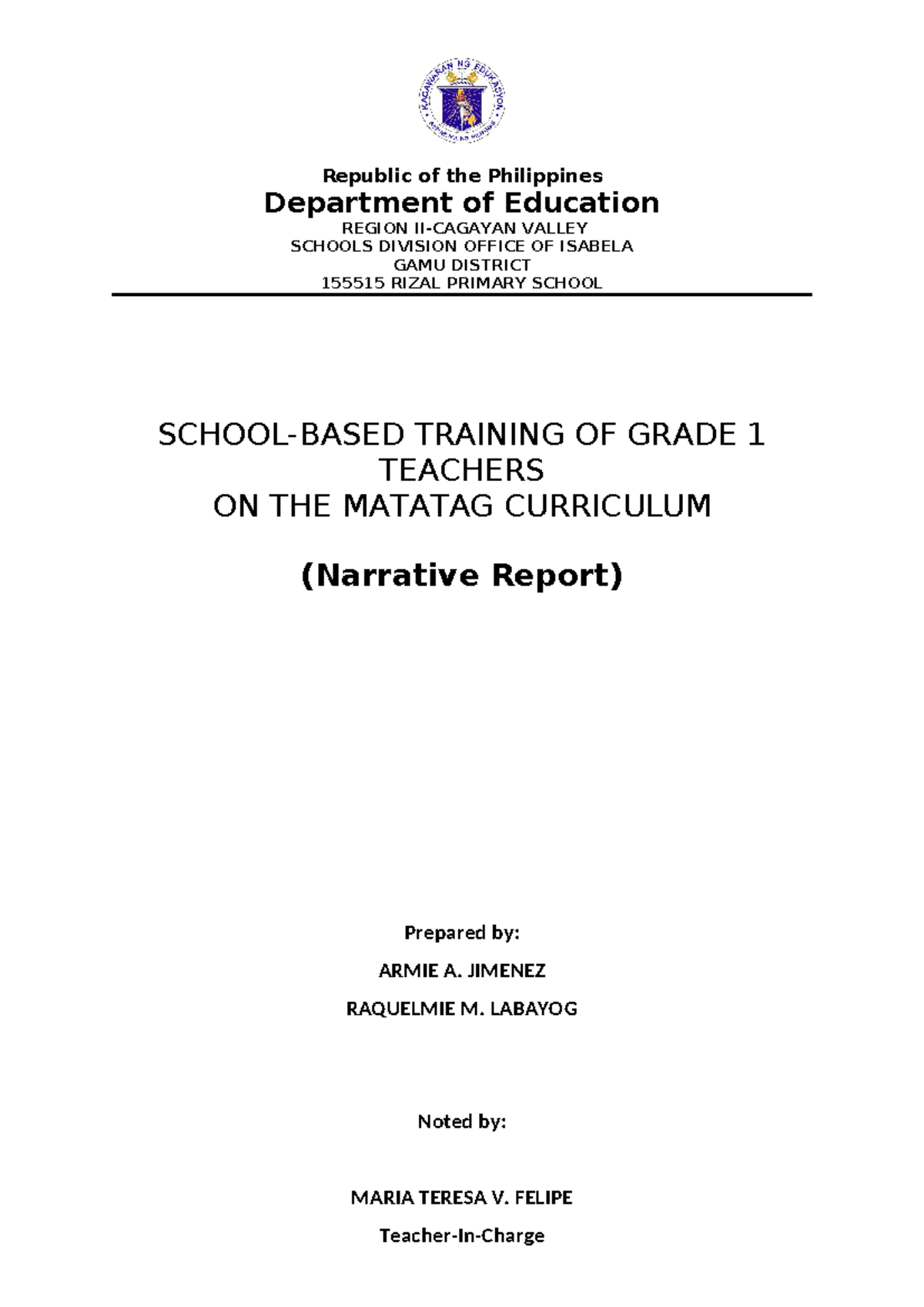 155515 RIzal PS NArrative Report - Republic of the Philippines ...