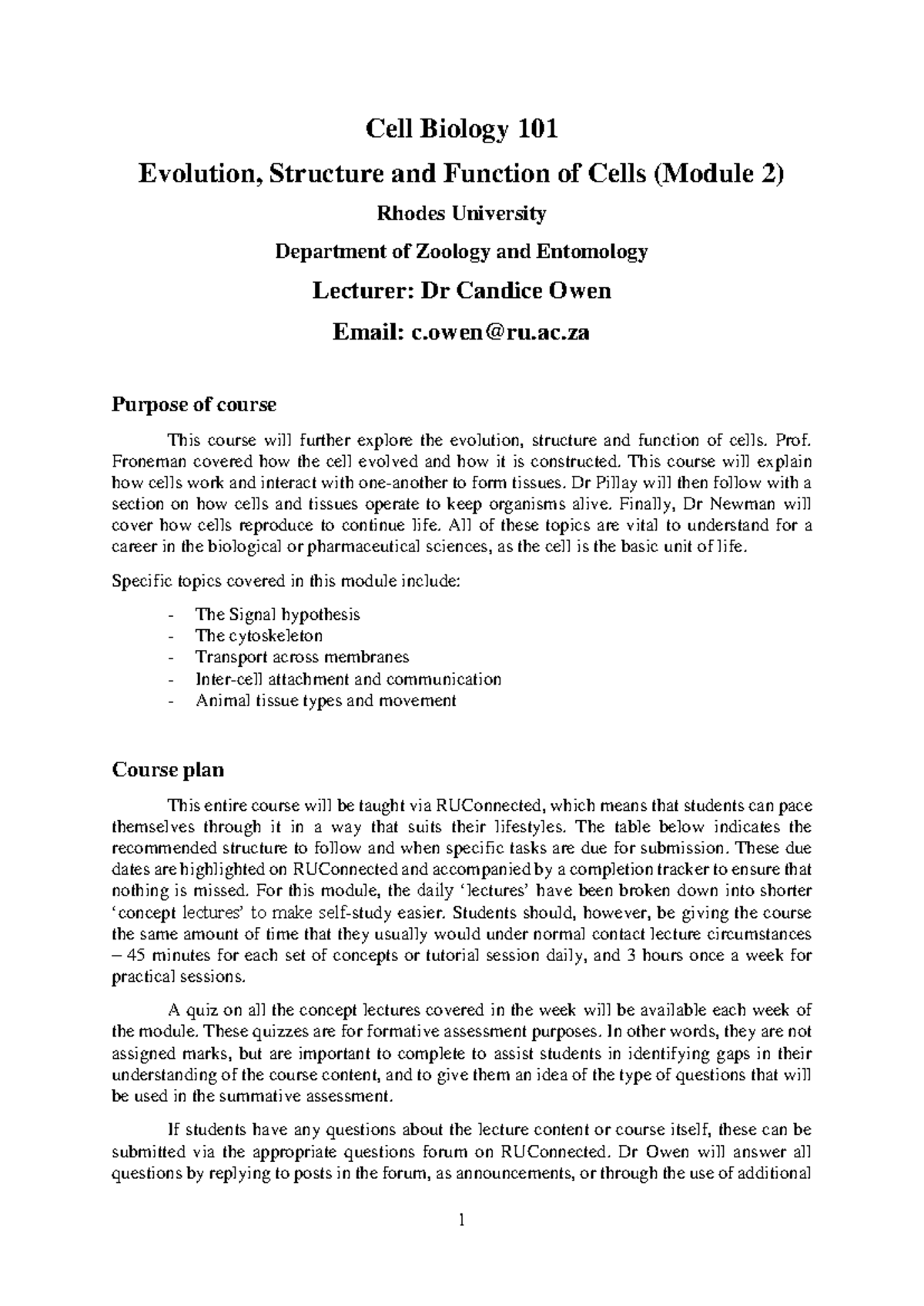 CB Module 2 Course Outline - 1 Cell Biology 101 Evolution, Structure ...