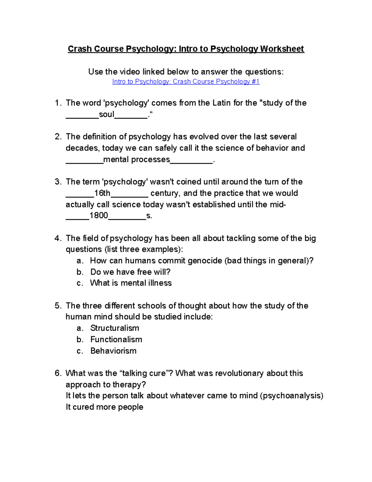 Crash Course Psychology Intro to Psychology Worksheet “ The definition of psychology has