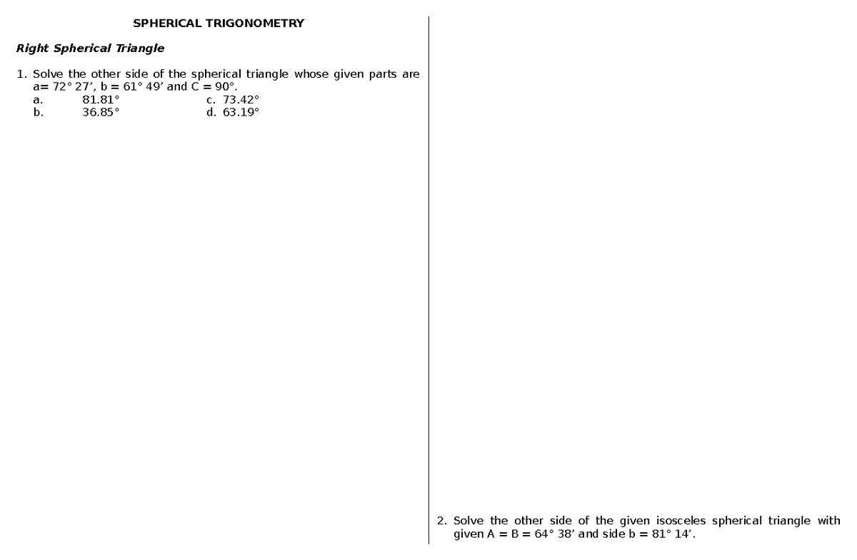 07 Spherical Trigonometry Activity SPHERICAL TRIGONOMETRY Right