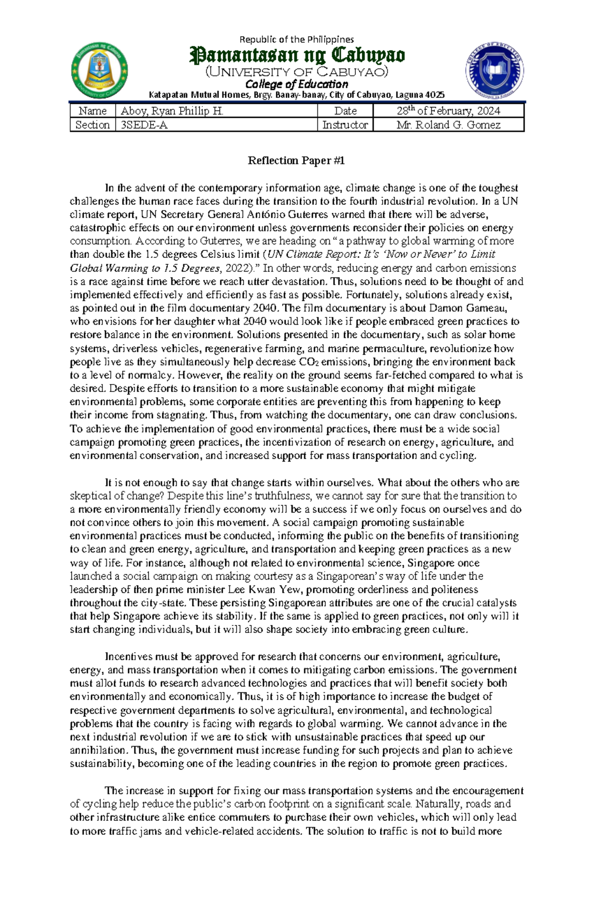 Aboyrp ENV101 Reflection Paper - Republic of the Philippines Pamantasan ...