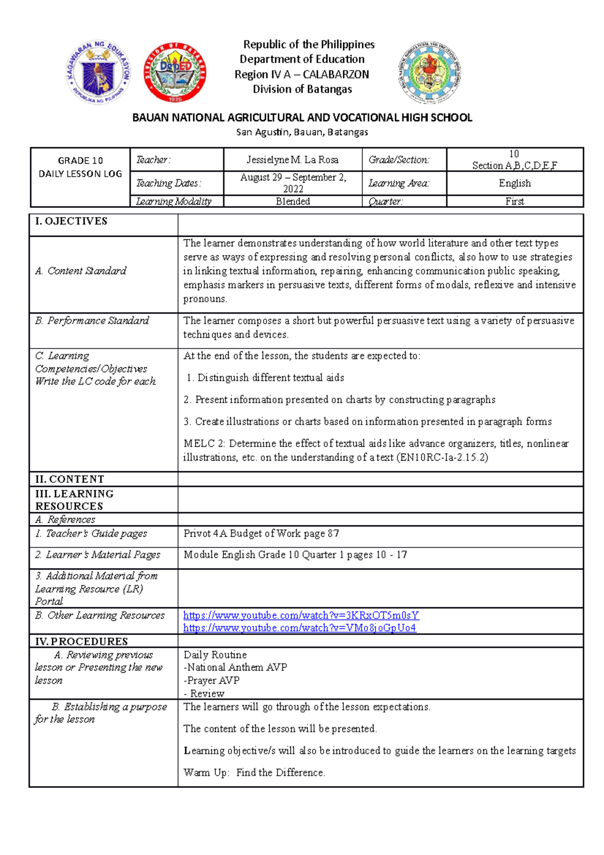 English 10 DLL Quarter 1 Week 2 - Republic Of The Philippines ...