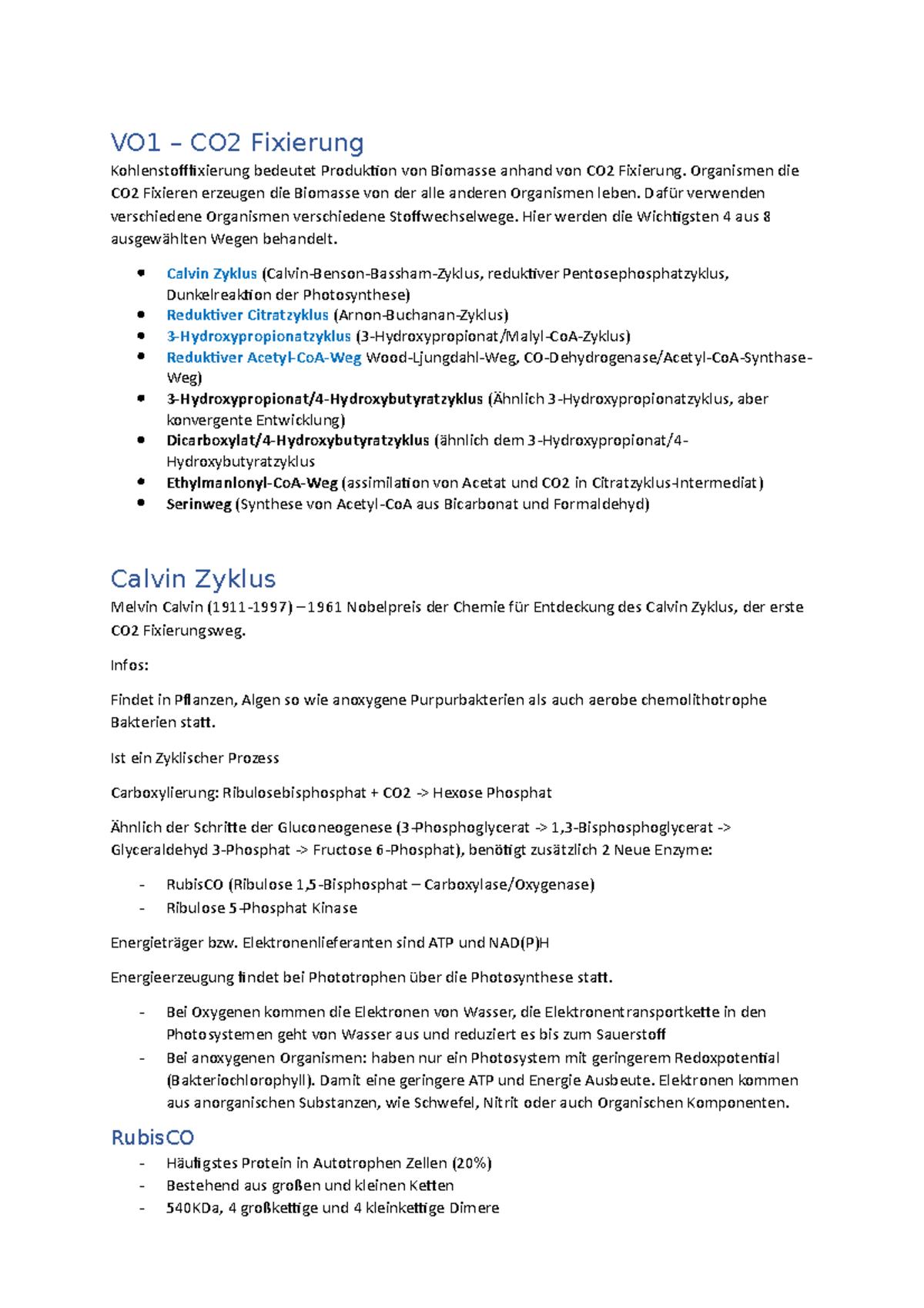 Zusammenfassung-ASLM - VO1 – CO2 Fixierung Kohlenstofffixierung ...