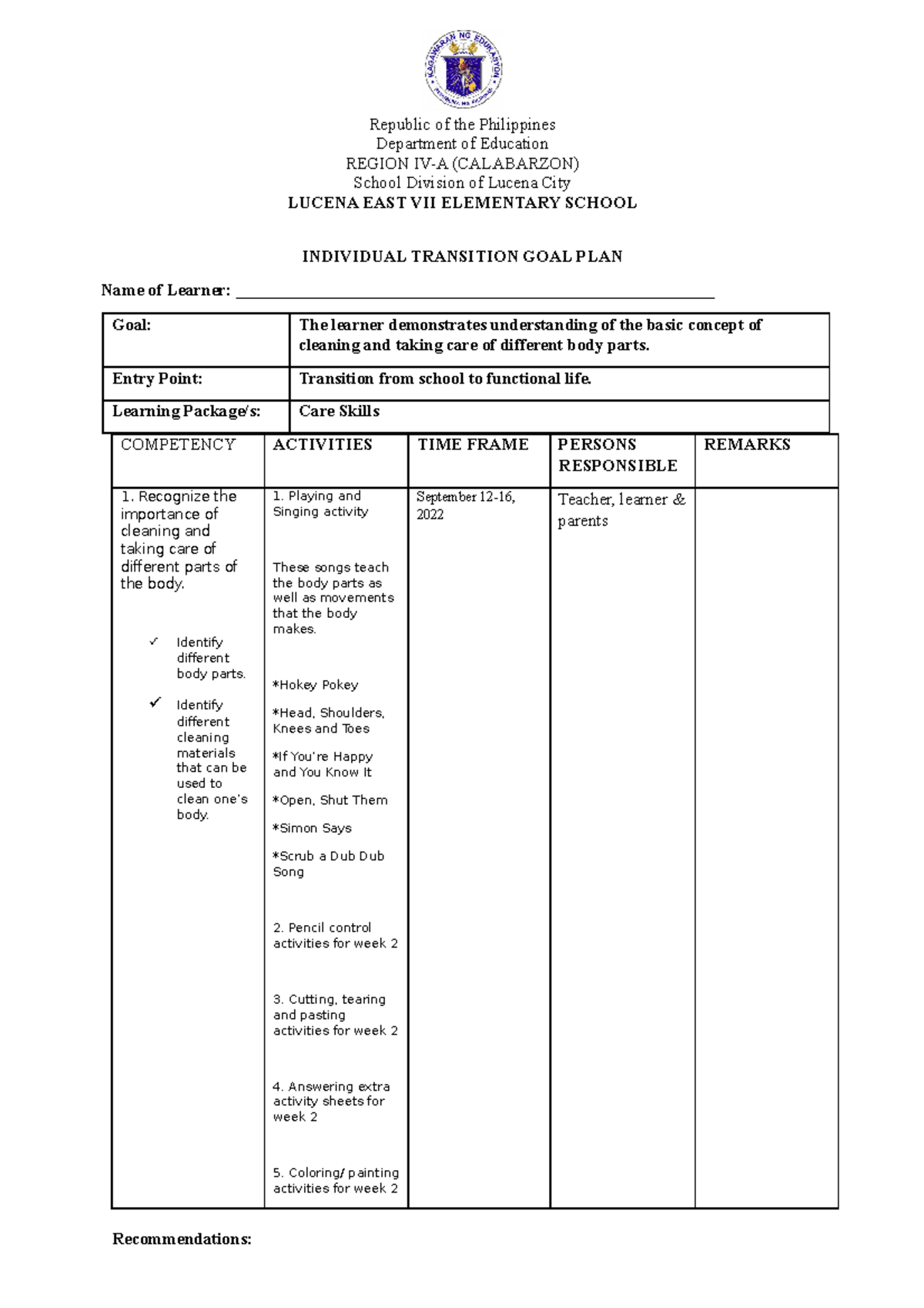 Individual Transition PLAN WEEK 2 ( Kinder Level) - Republic of the ...