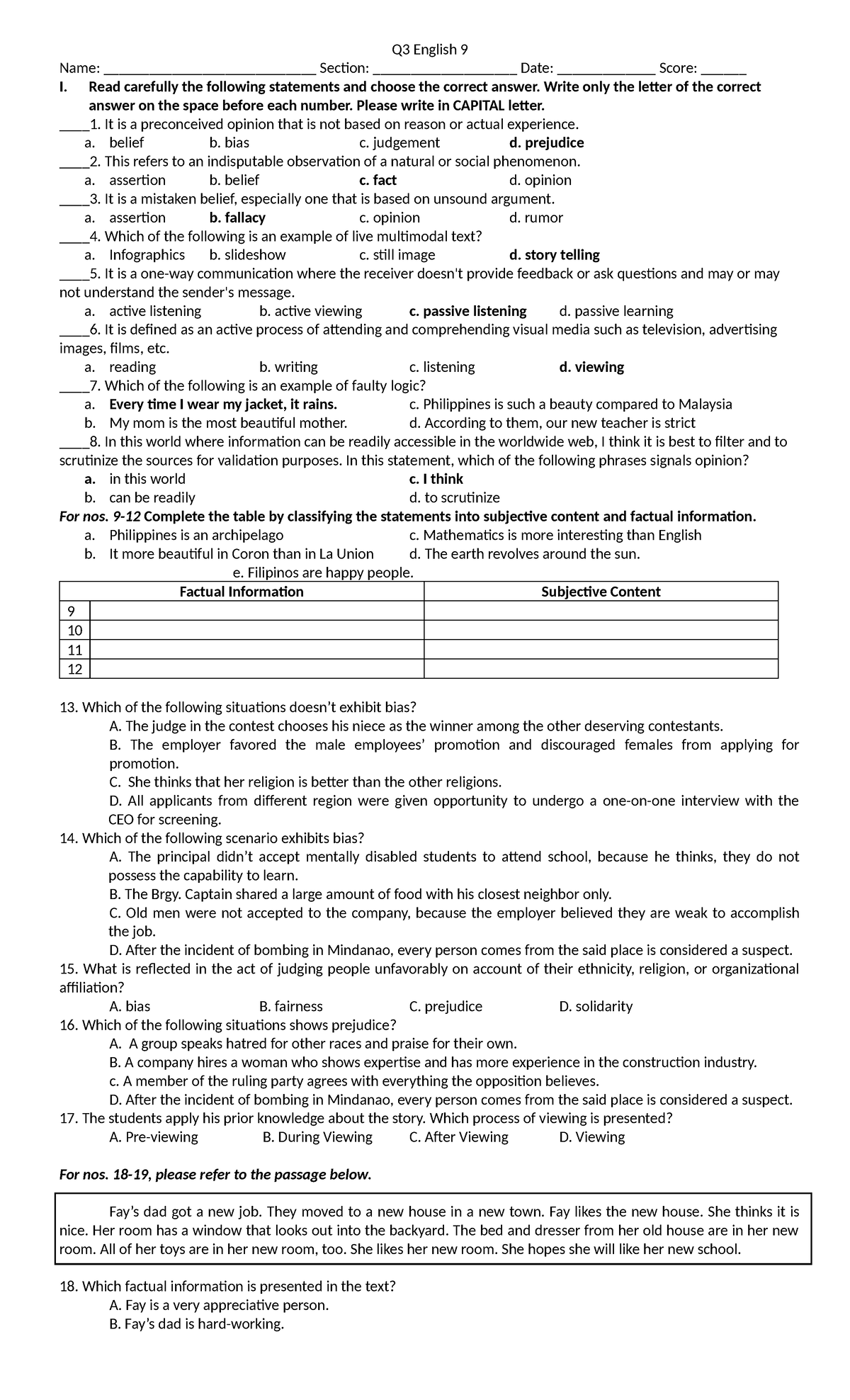 English-9 Q3 -2324 - Notes - Q3 English 9 Name ...