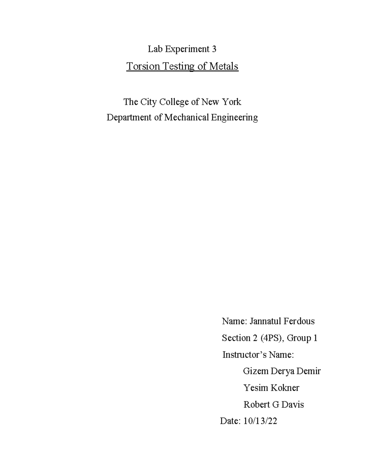 Lab Experiment 3 Torsion Testing of Metals - The significant mechanical ...