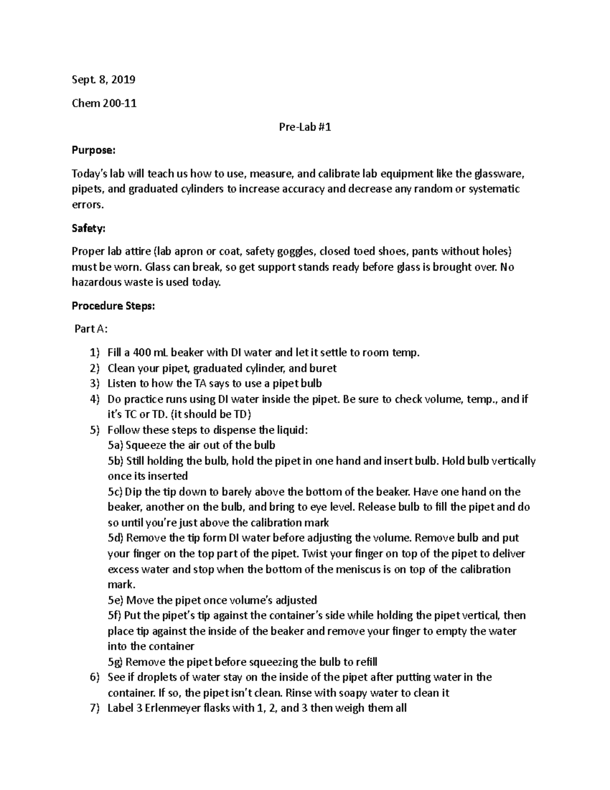 Chem200 prelab 1 - Sept. 8, 2019 Chem 200- Pre-Lab # Purpose: Today’s ...