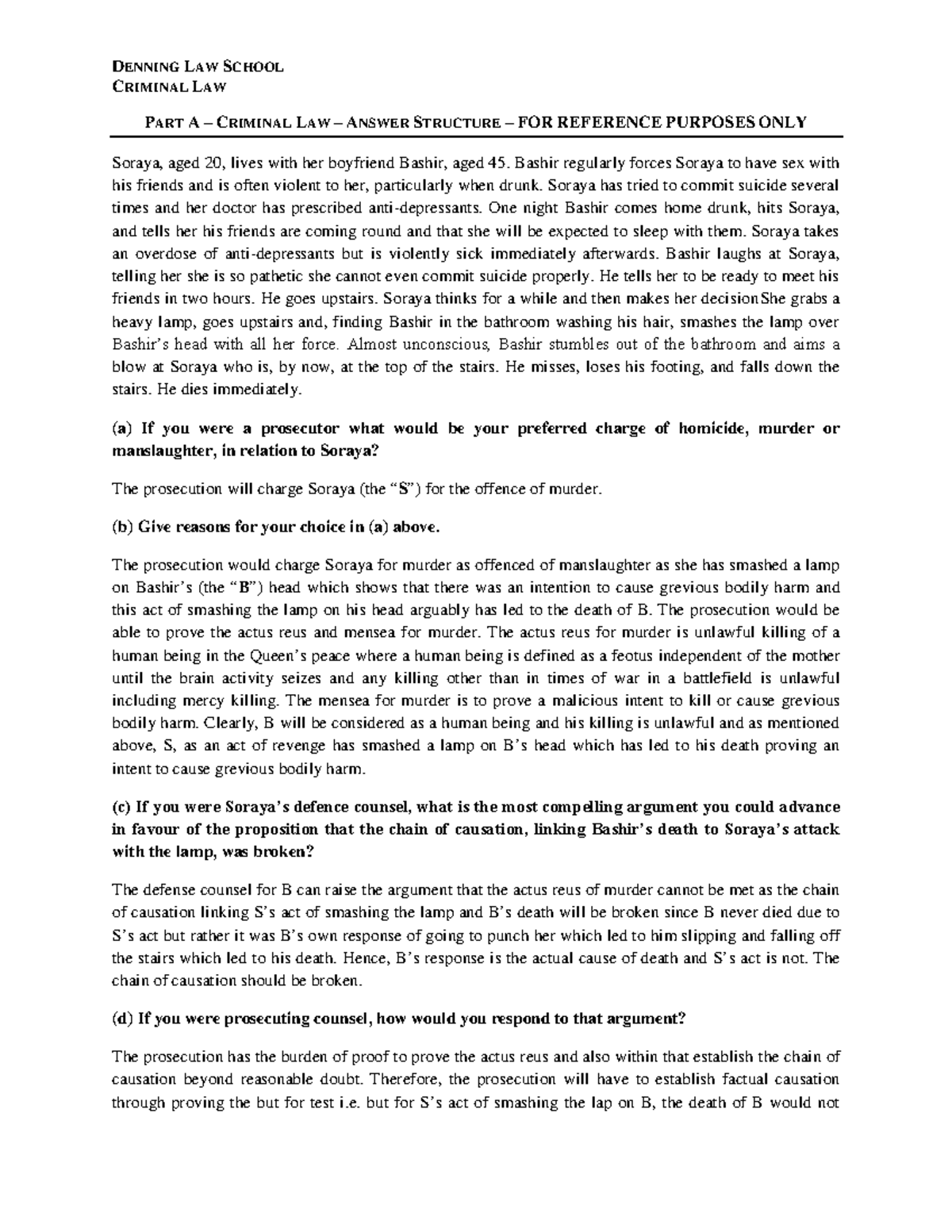 Part A Model Structure DENNING LAW SCHOOL CRIMINAL LAW PART A