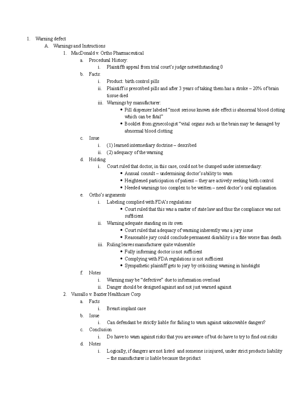 Torts I Notes - Warning Defects - Warning defect A. Warnings and ...