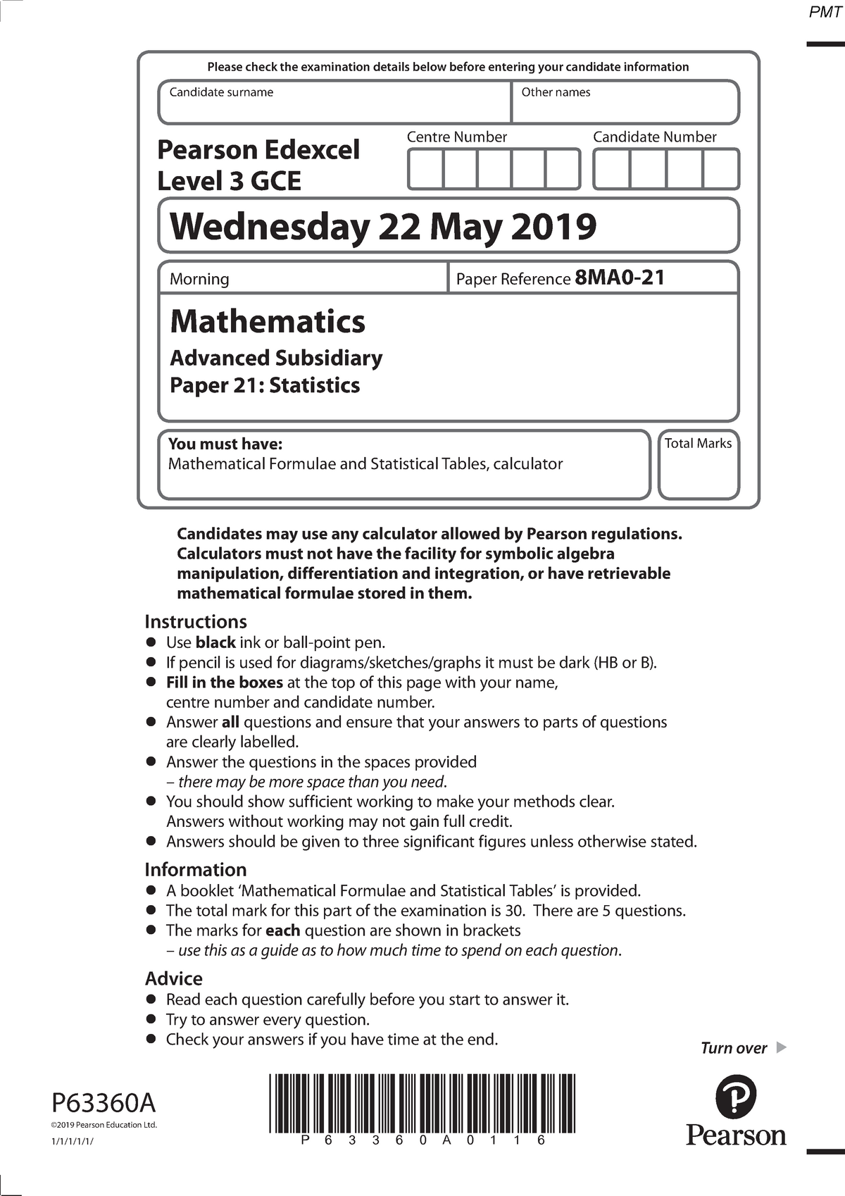 June 2019 QP - Paper 21 Edexcel Maths AS-level - Please Check The ...