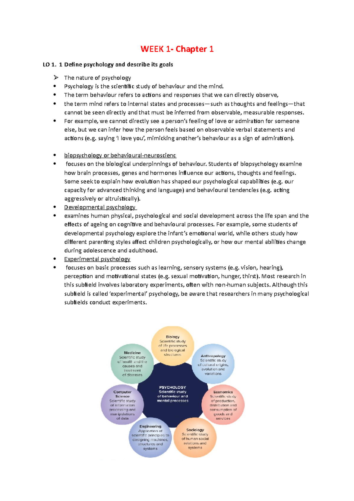 Chapters summary - WEEK 1- Chapter 1 LO 1. 1 Define psychology and ...