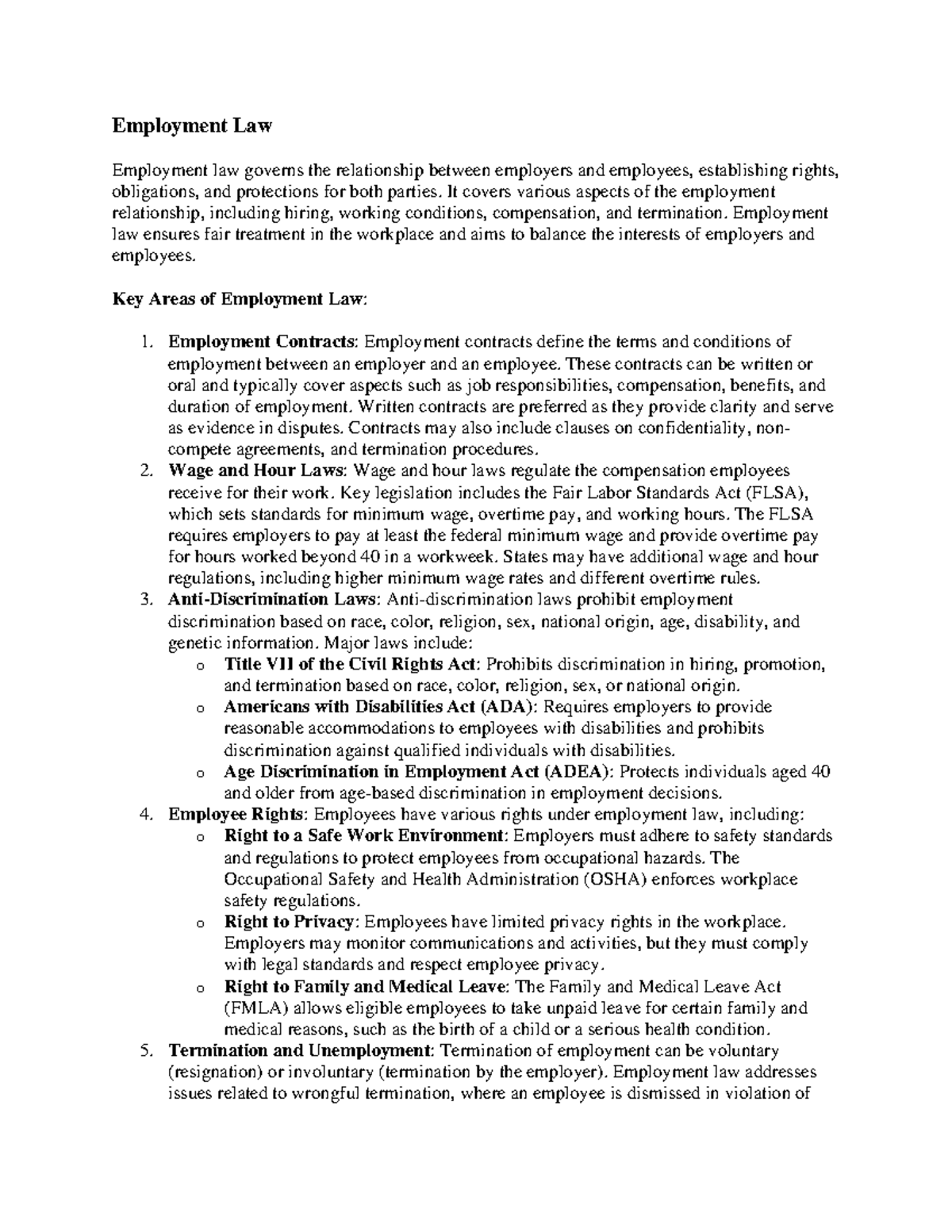 Employment law governs the relationship between employers and employees ...