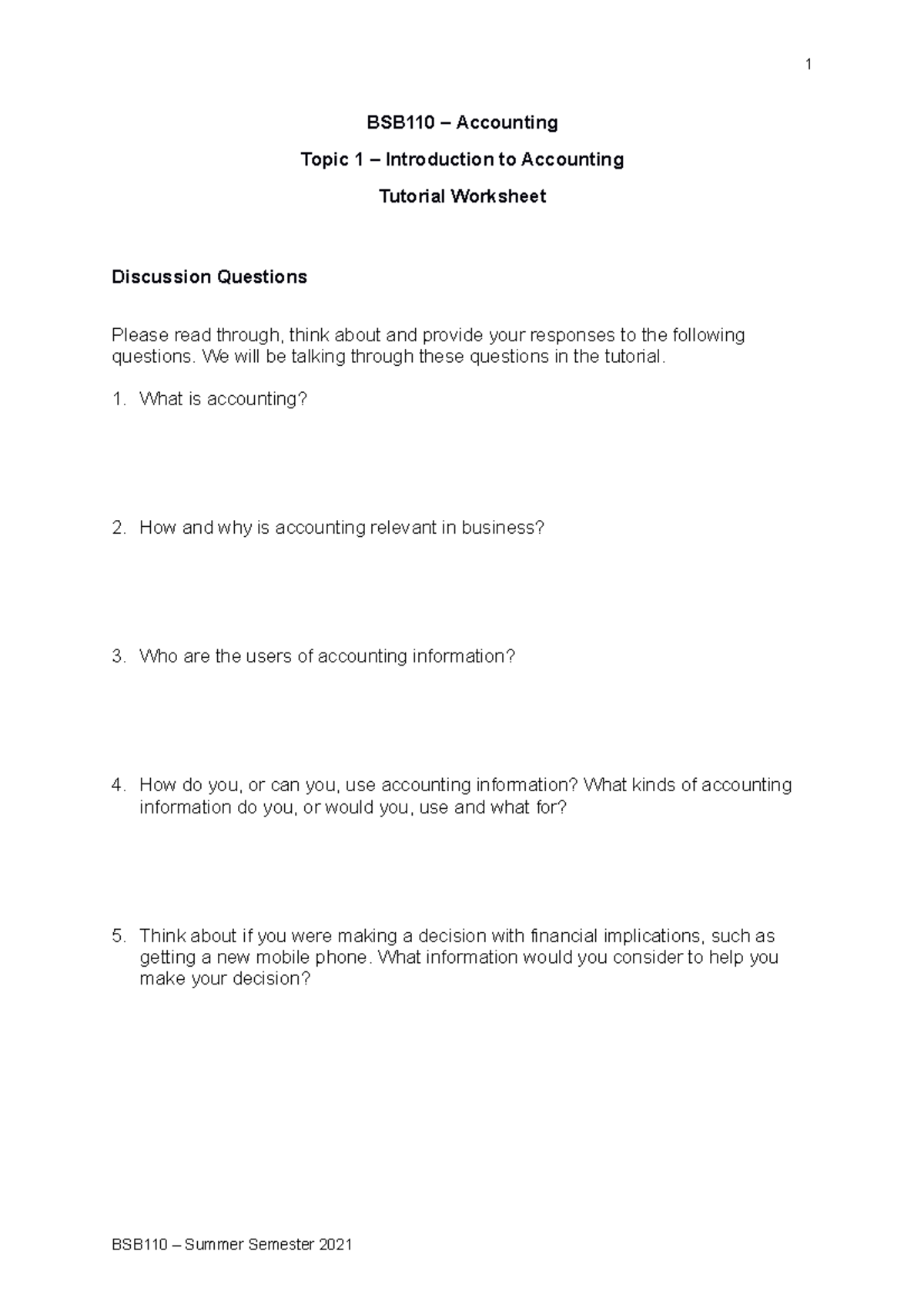 Topic 1 - Tutorial - Worksheet - 25 - 1 BSB110 – Accounting Topic 1 ...