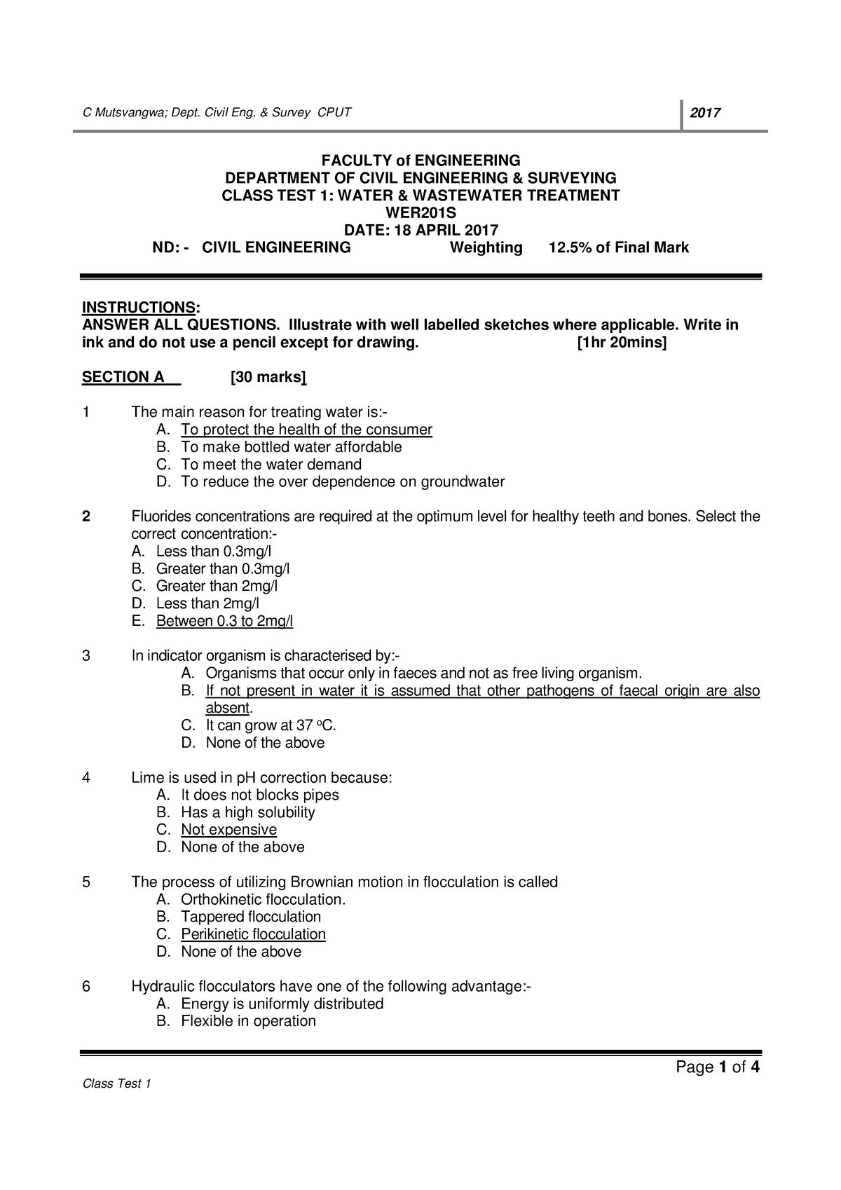 Test 1 18 April 2017, questions and answers - Page 1 of 4 FACULTY of ...