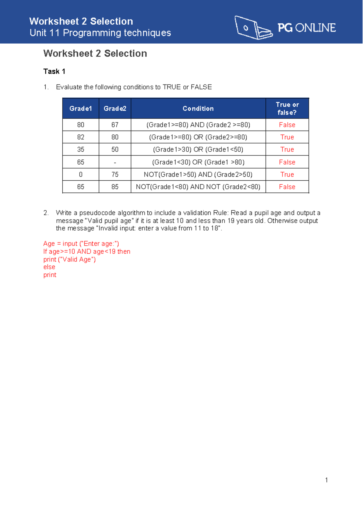 Programming techniques Worksheet 2 Selection - Evaluate the following ...
