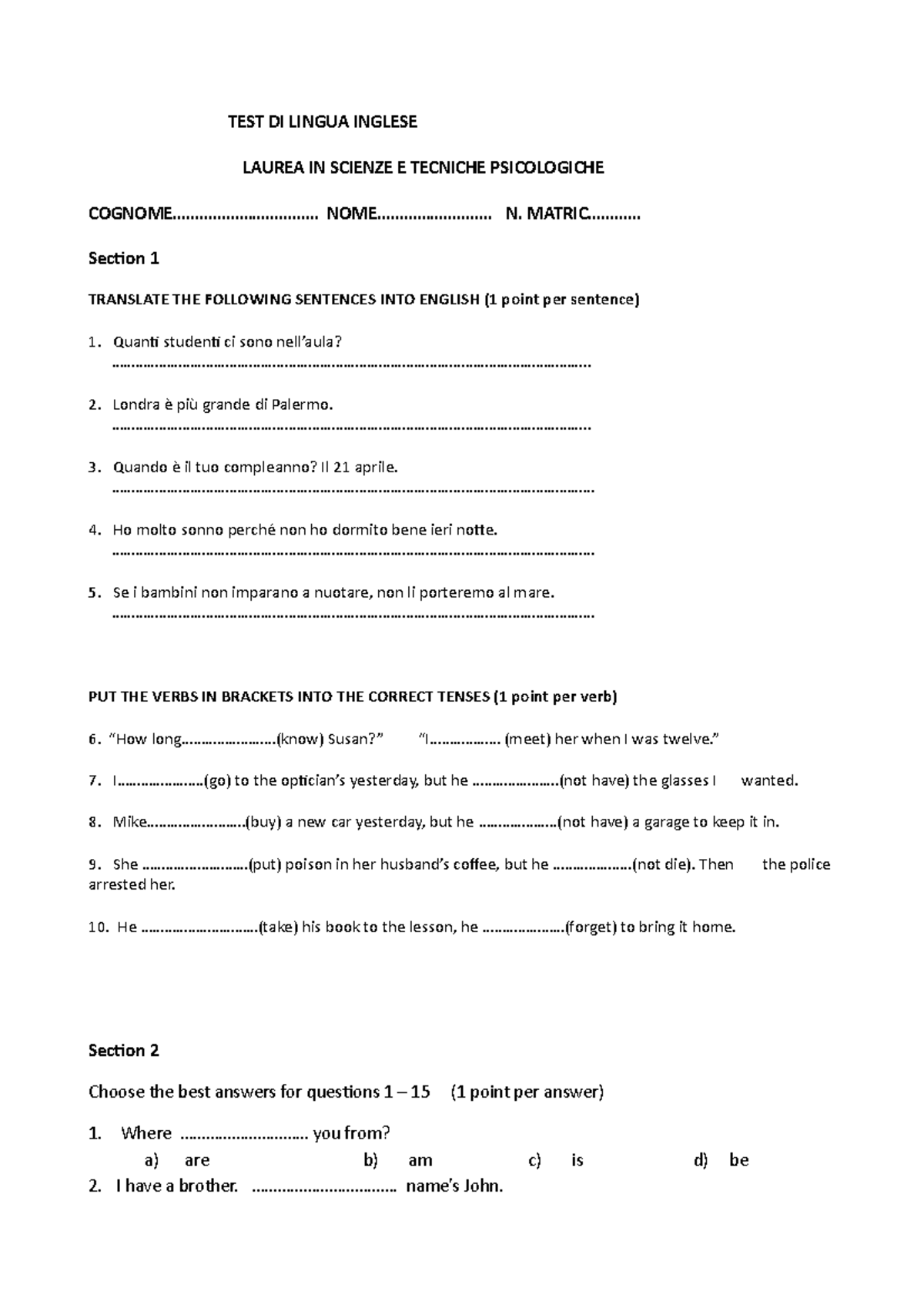 Modellodicompito 1 - Esercitazione Per Test Inglese - TEST DI LINGUA ...