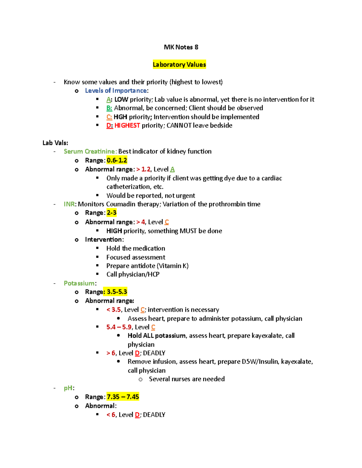 MK Notes 9 Mark Klimek MK Notes 8 Laboratory Values Know some