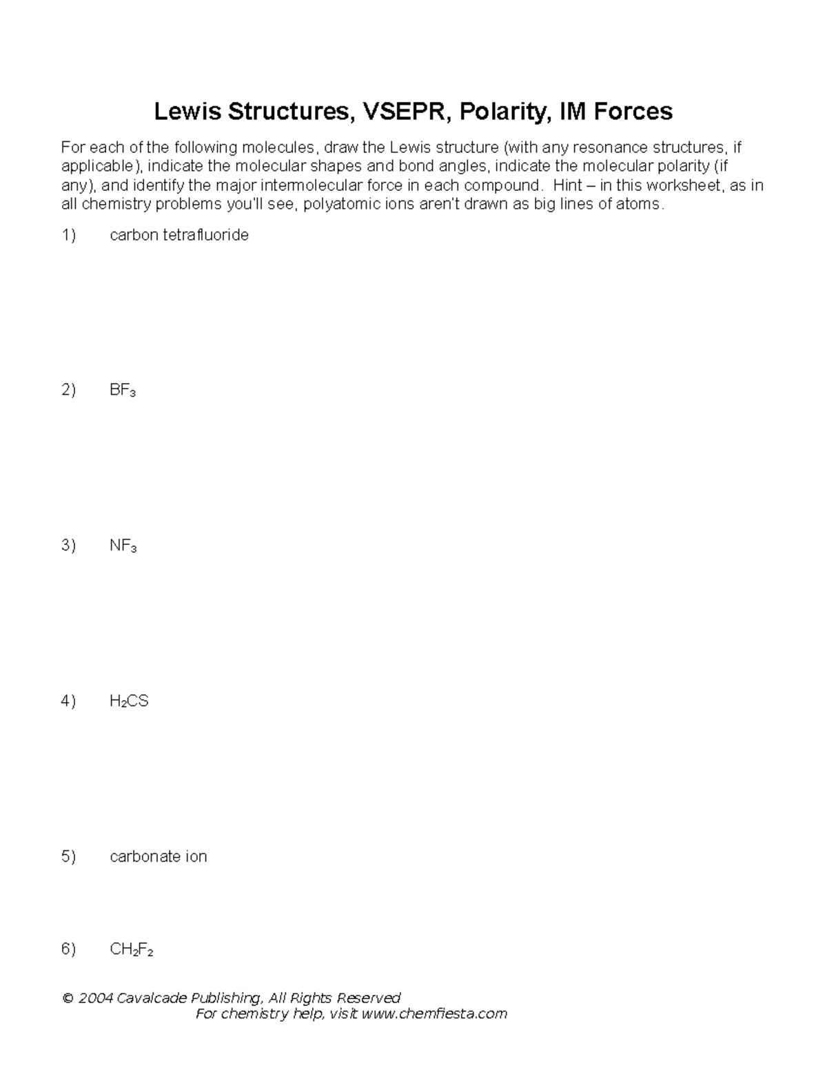 Lewis Structures - Practice work - Lewis Structures, VSEPR, Polarity ...