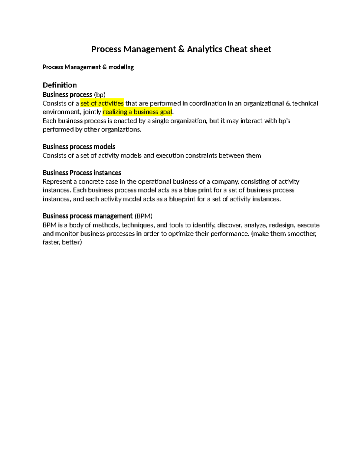 Process Management Cheat sheet - Process Management & Analytics Cheat ...
