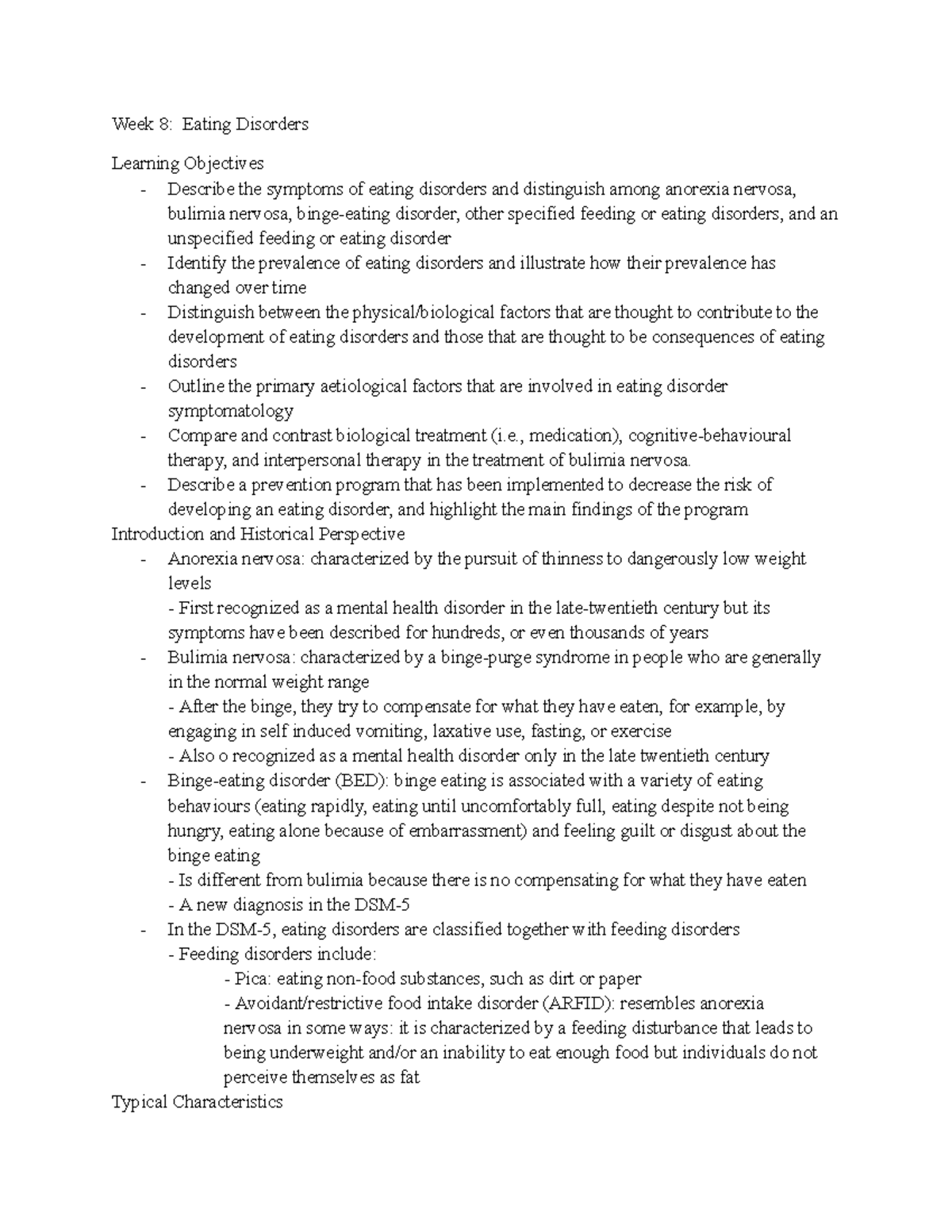 Week 8 notes - week 8 reading - Week 8: Eating Disorders Learning ...