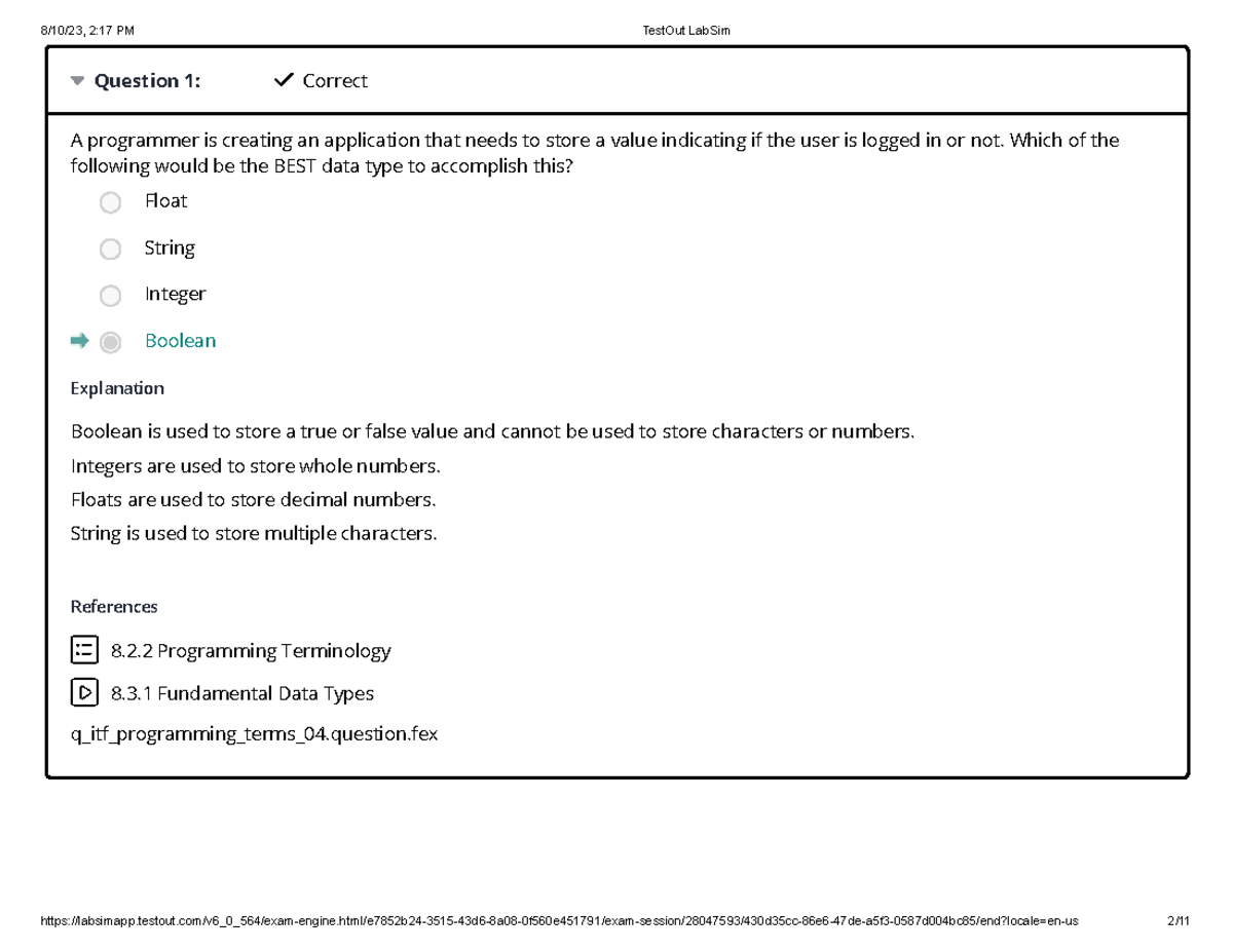 8 2 7 Testout QUIZ Quiz Question 1 Correct A programmer is