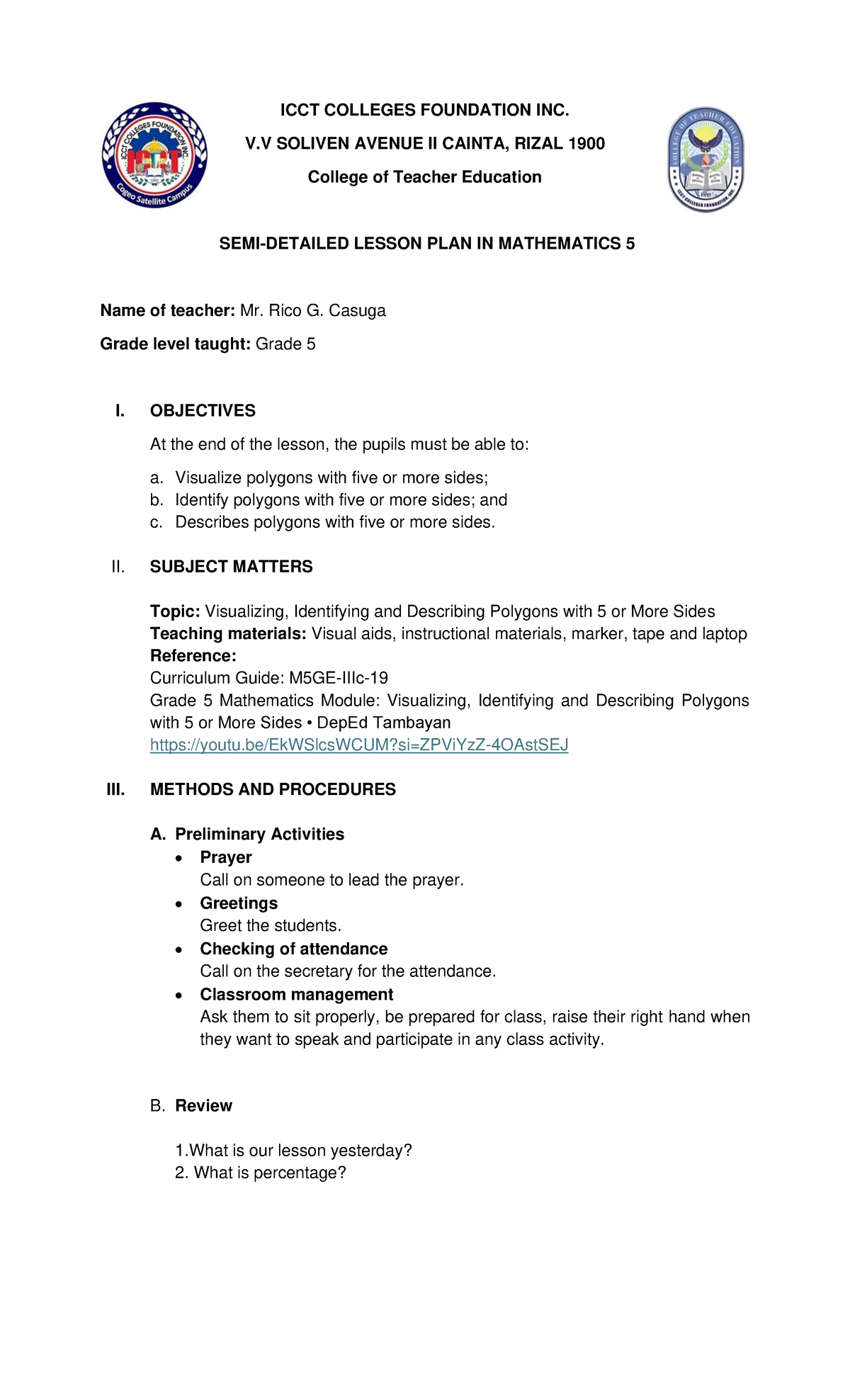 Lesson PLAN OF Group FOUR OF KIND - ICCT COLLEGES FOUNDATION INC. V ...