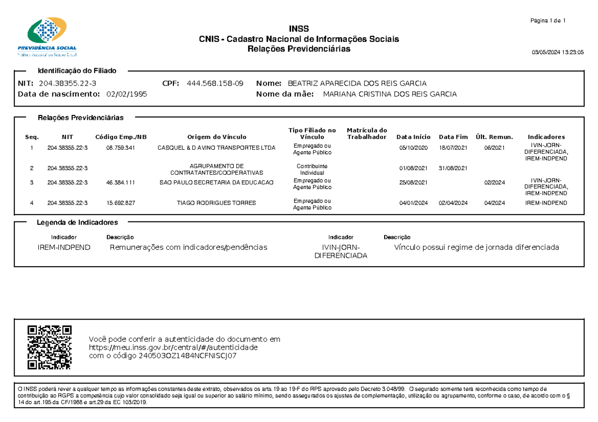 Extrato - INSS CNIS - Cadastro Nacional de Informações Sociais Relações ...