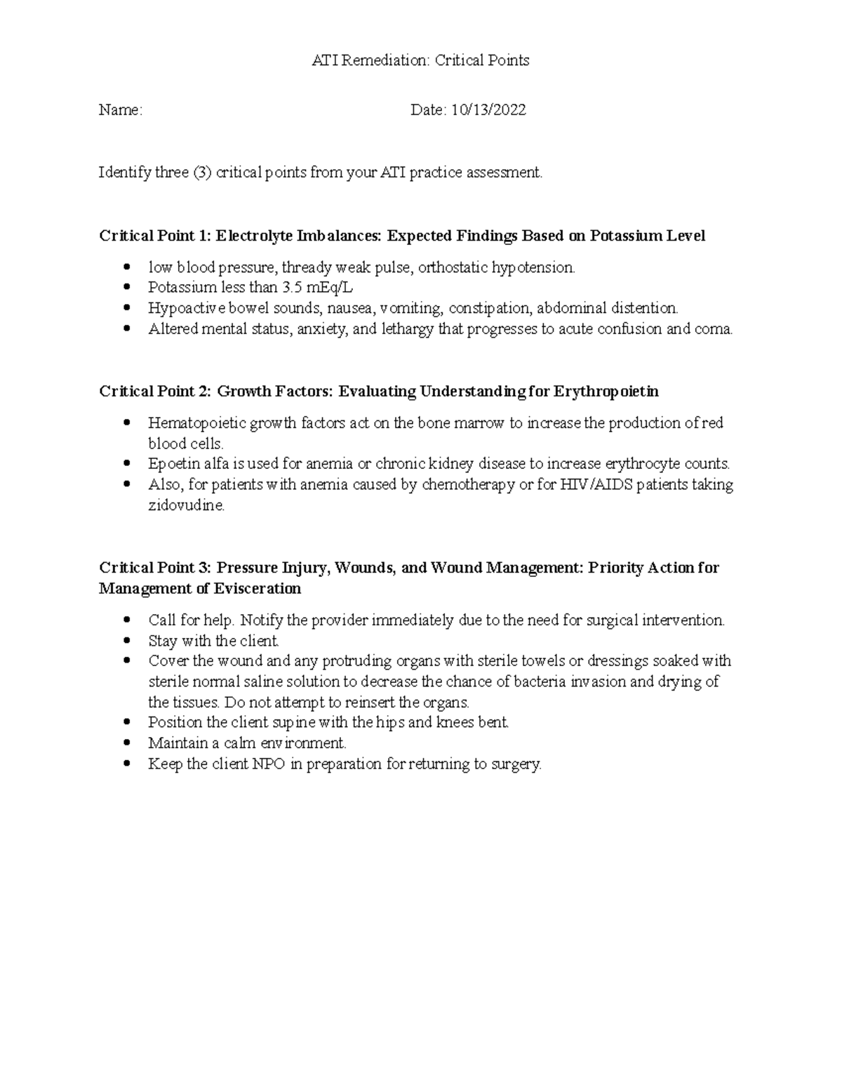 ATI Critical Points Practice A - ATI Remediation: Critical Points Name ...