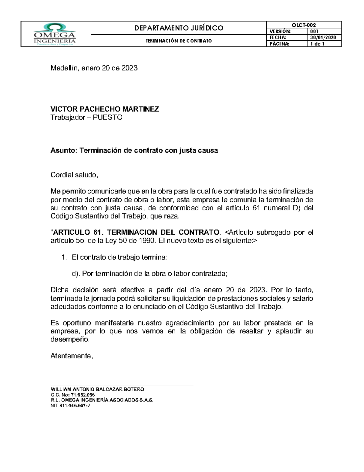 Terminacion De Contrato Con Justa Causa Departamento JurÍdico VersiÓn Olct 002 001 3989