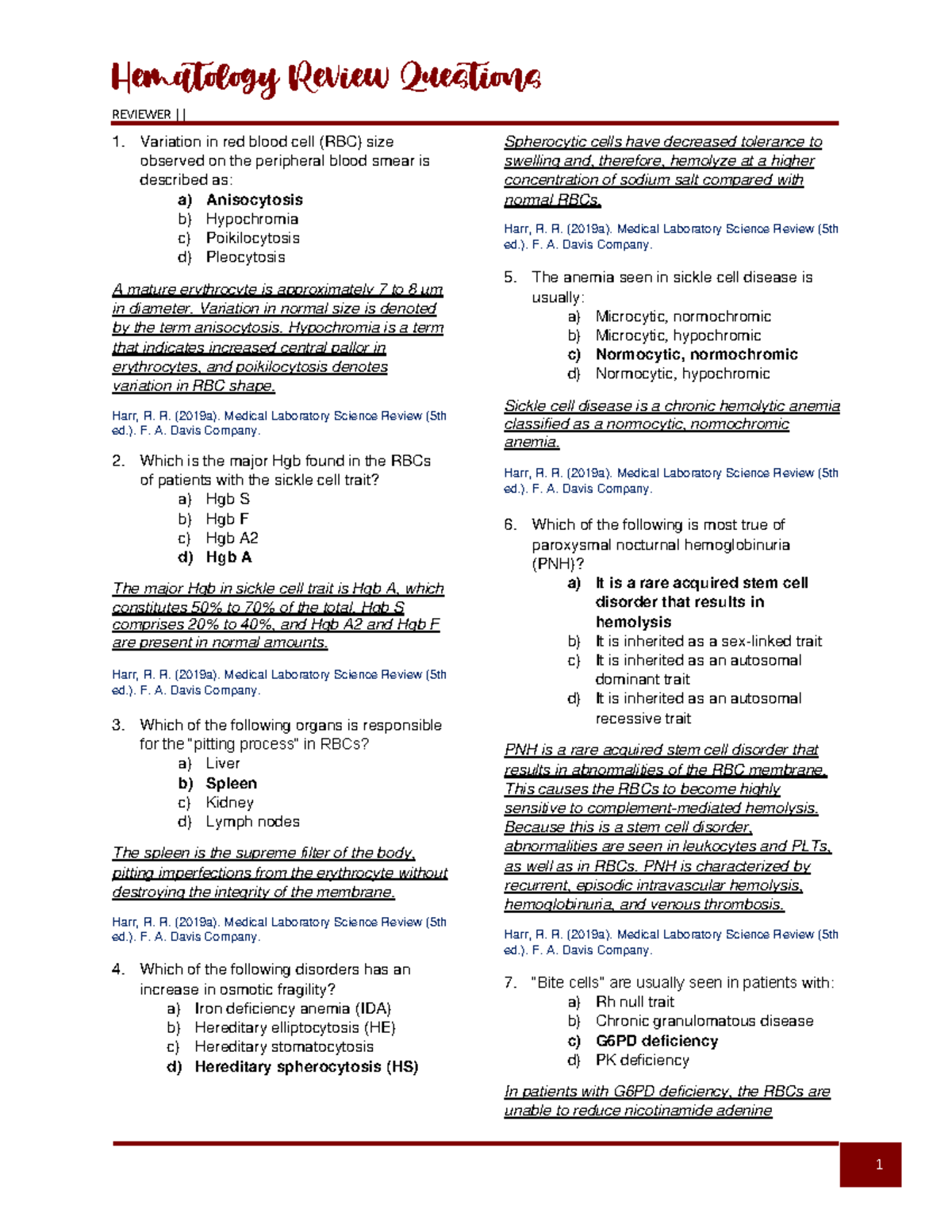 Questions- Finals - Hematology Reviewer - REVIEWER || Variation in red ...