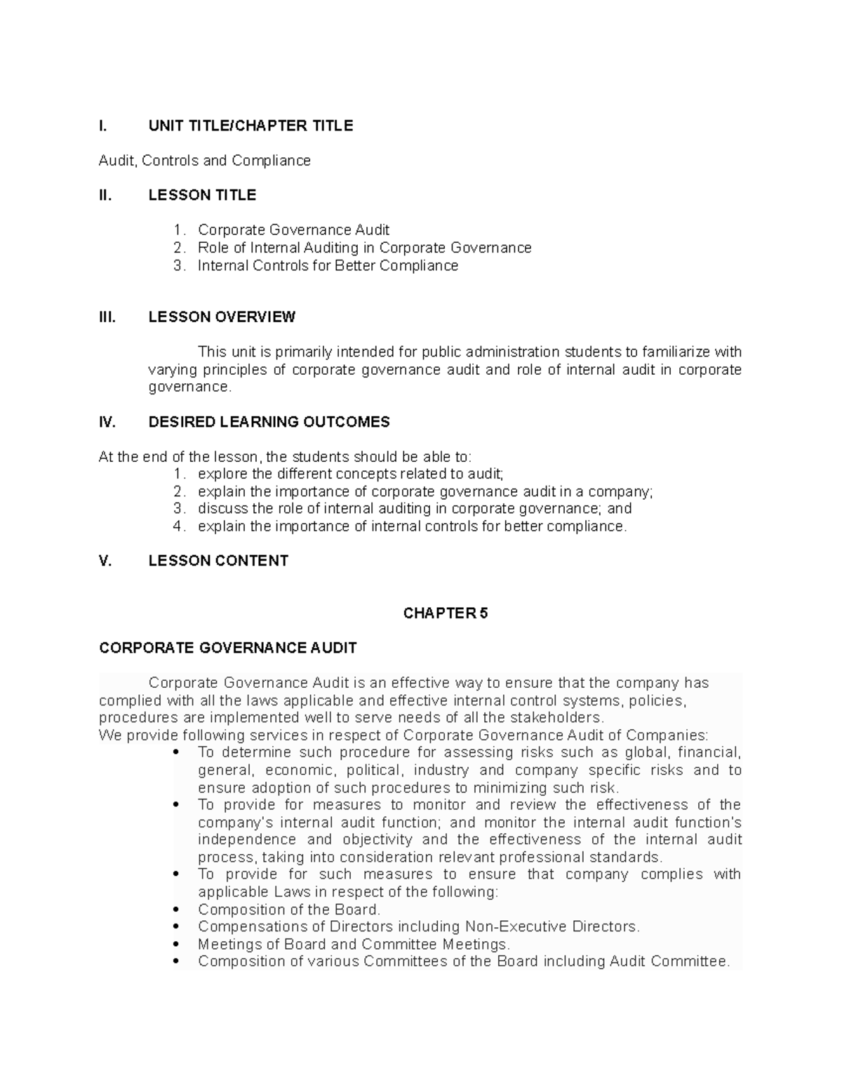 Good Governance. Module 5 - I. UNIT TITLE/CHAPTER TITLE Audit, Controls ...