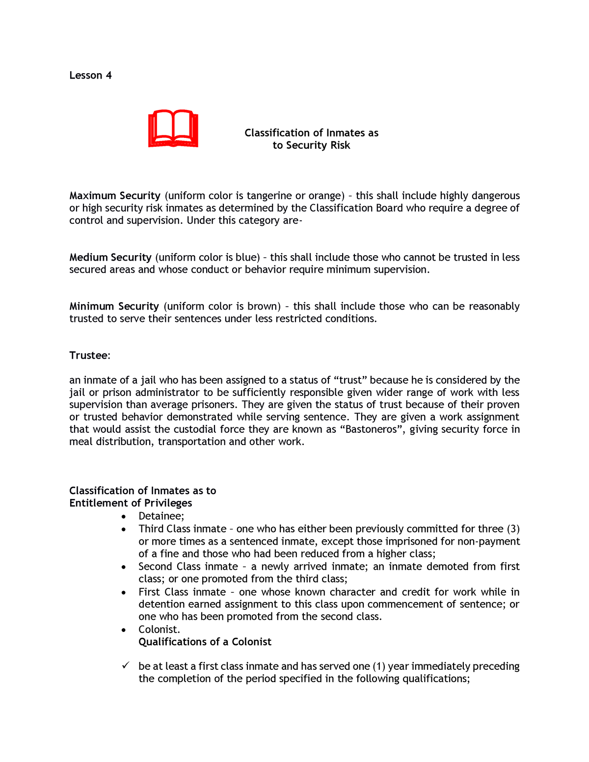 Classification Of Inmates As Security Risk Lesson 4 Maximum Security 