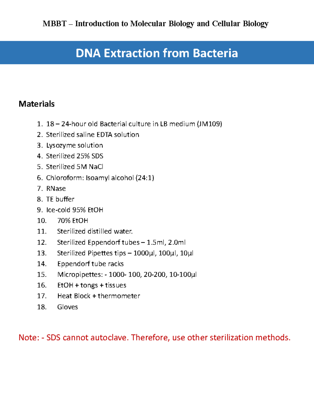 Bacterial DNA Isolation - MBBT – Introduction To Molecular Biology And ...