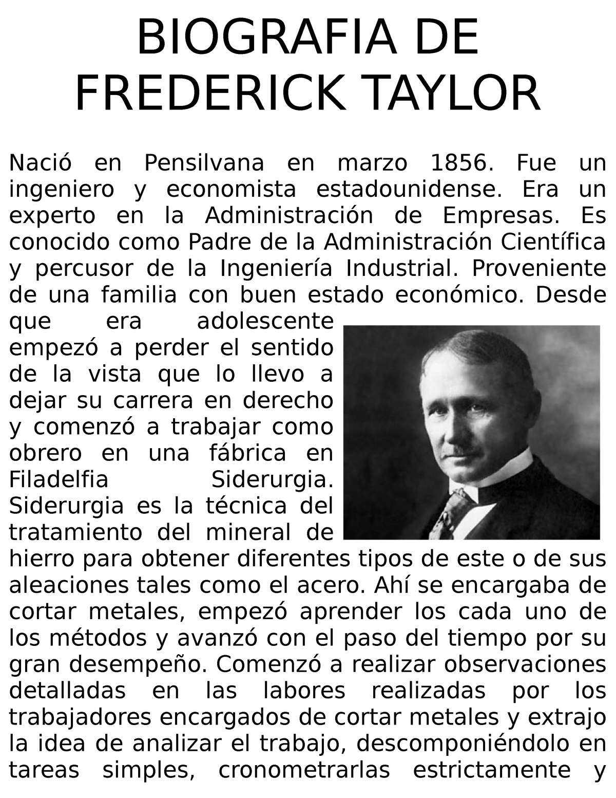 Biografia De Frederick Taylor Biografia De Frederick Taylor Naci En