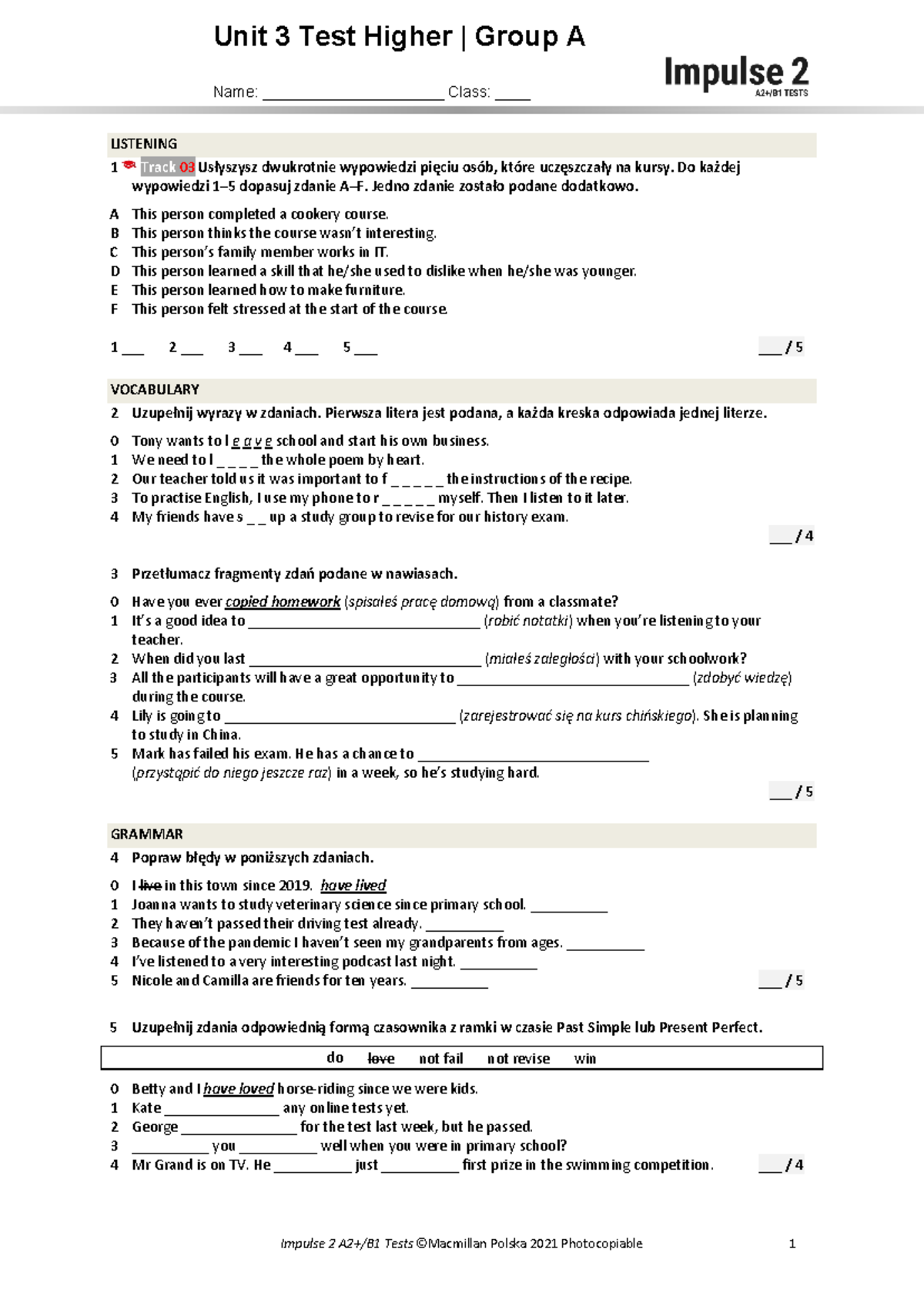 Unit 3 Test Higher A - Sprawdzian Jezyk Angielski Grupa A. - Unit 3 ...