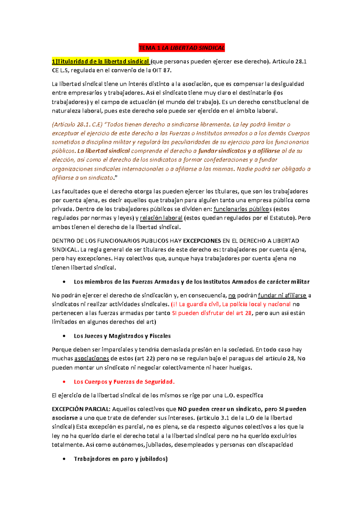 Derecho Sindical Apuntes - TEMA 1 LA LIBERTAD SINDICAL 1)Titularidad De ...