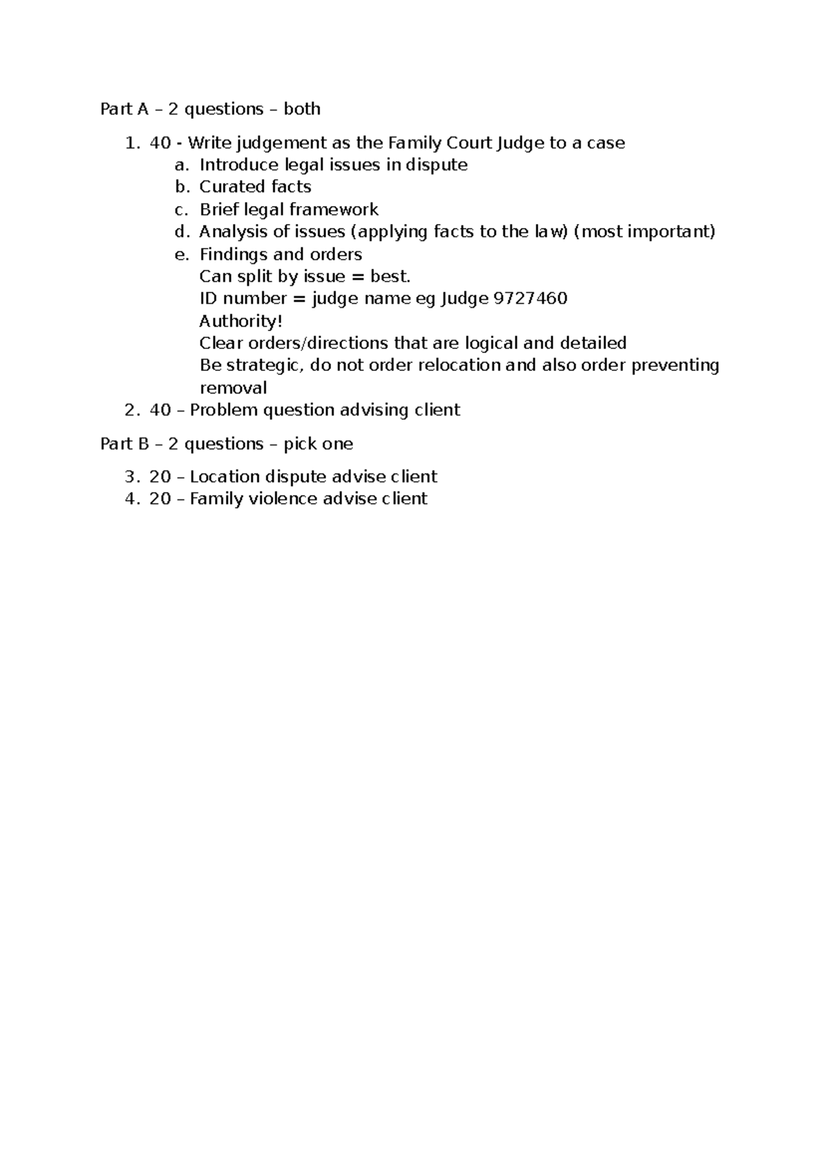 Exam Structure - final exam 2024 - Part A – 2 questions – both 1. 40 ...